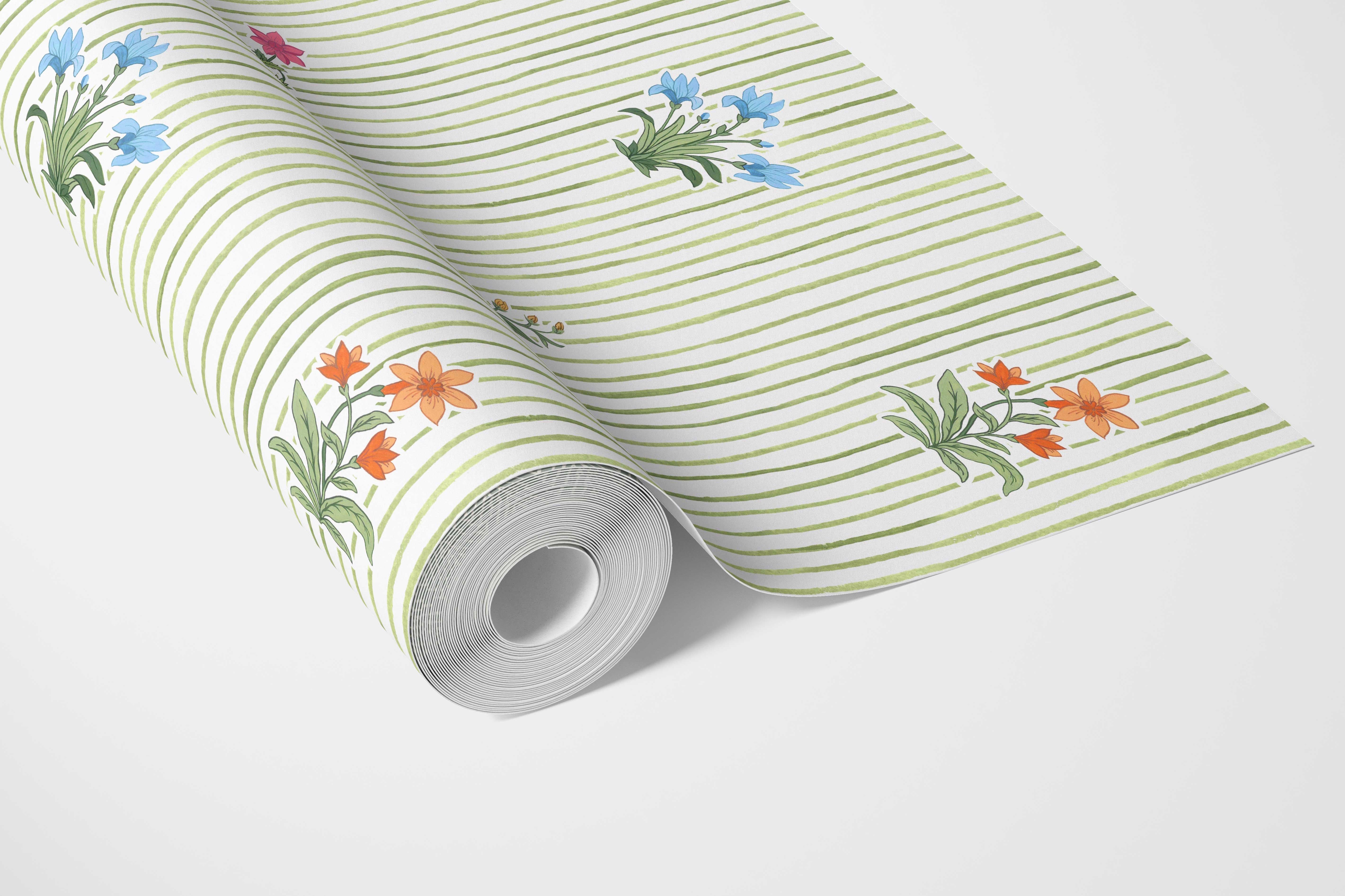 Floral Striped Block Print Bathroom Wallpaper Sample (Green/ Pink/ Blue/ Yellow/ Orange)