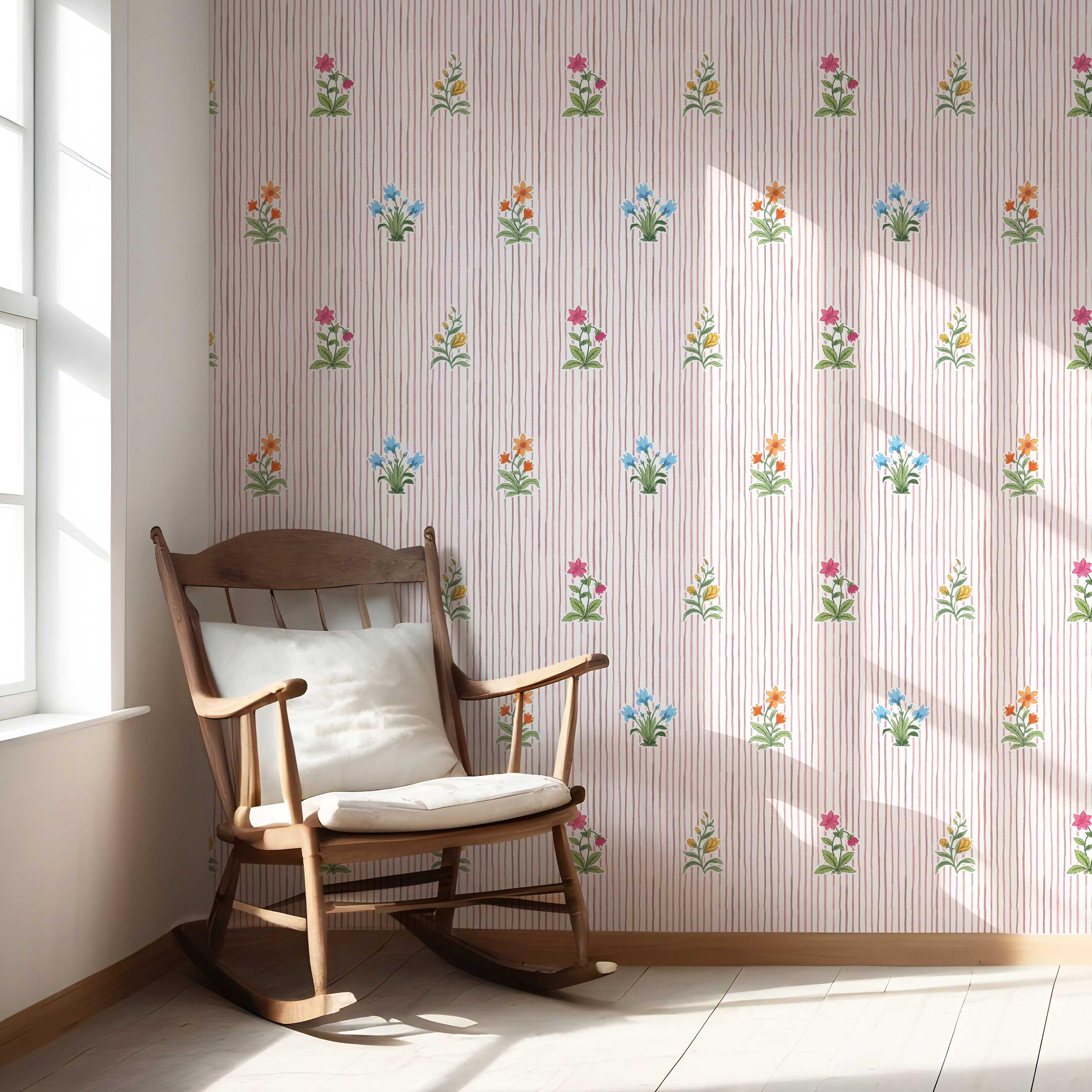 Floral Striped Block Print Nursery Wallpaper (Pink/ Blue/ Green)