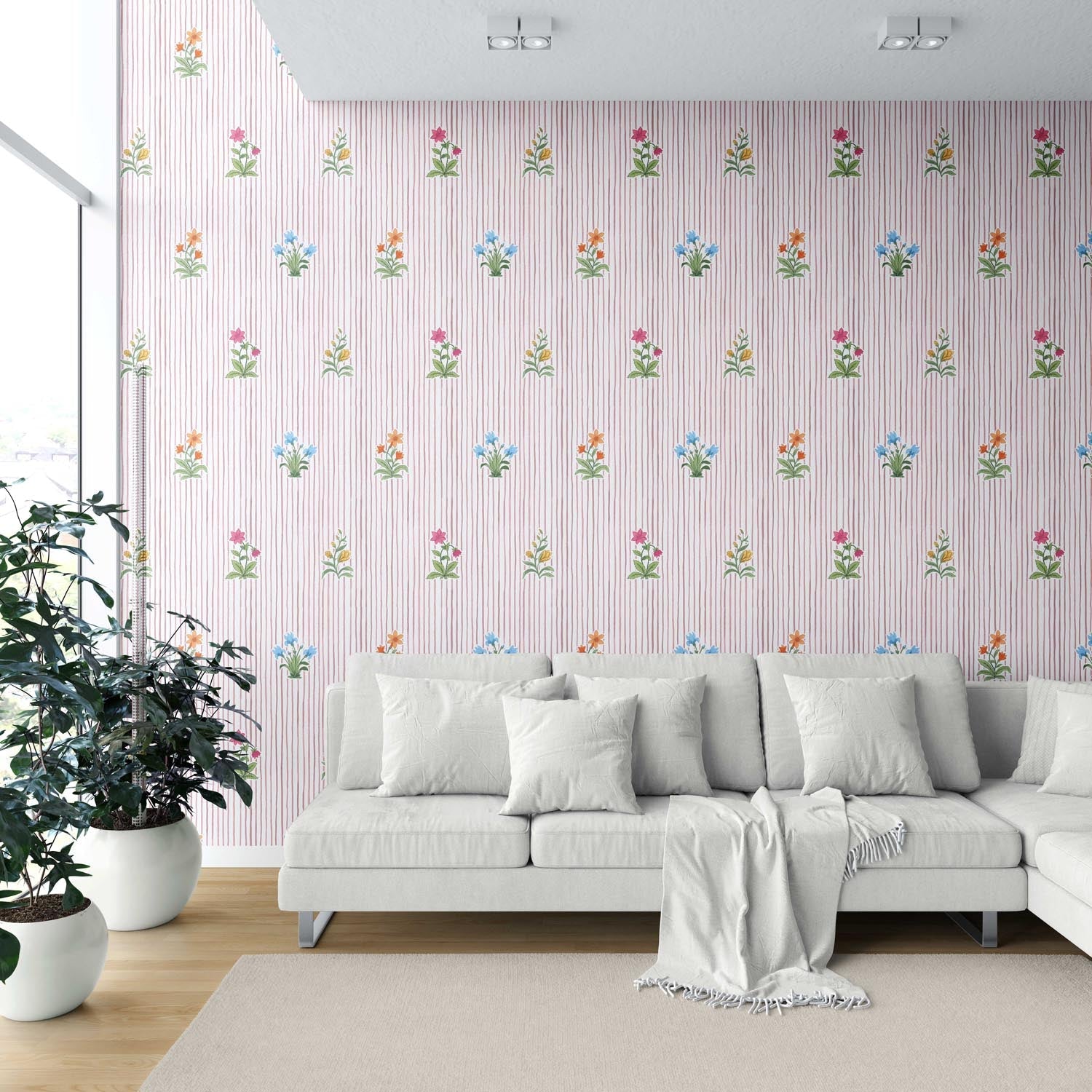 Floral Striped Block Print Shower Toilet Wallpaper Sample (Pink/ Blue/ Green)
