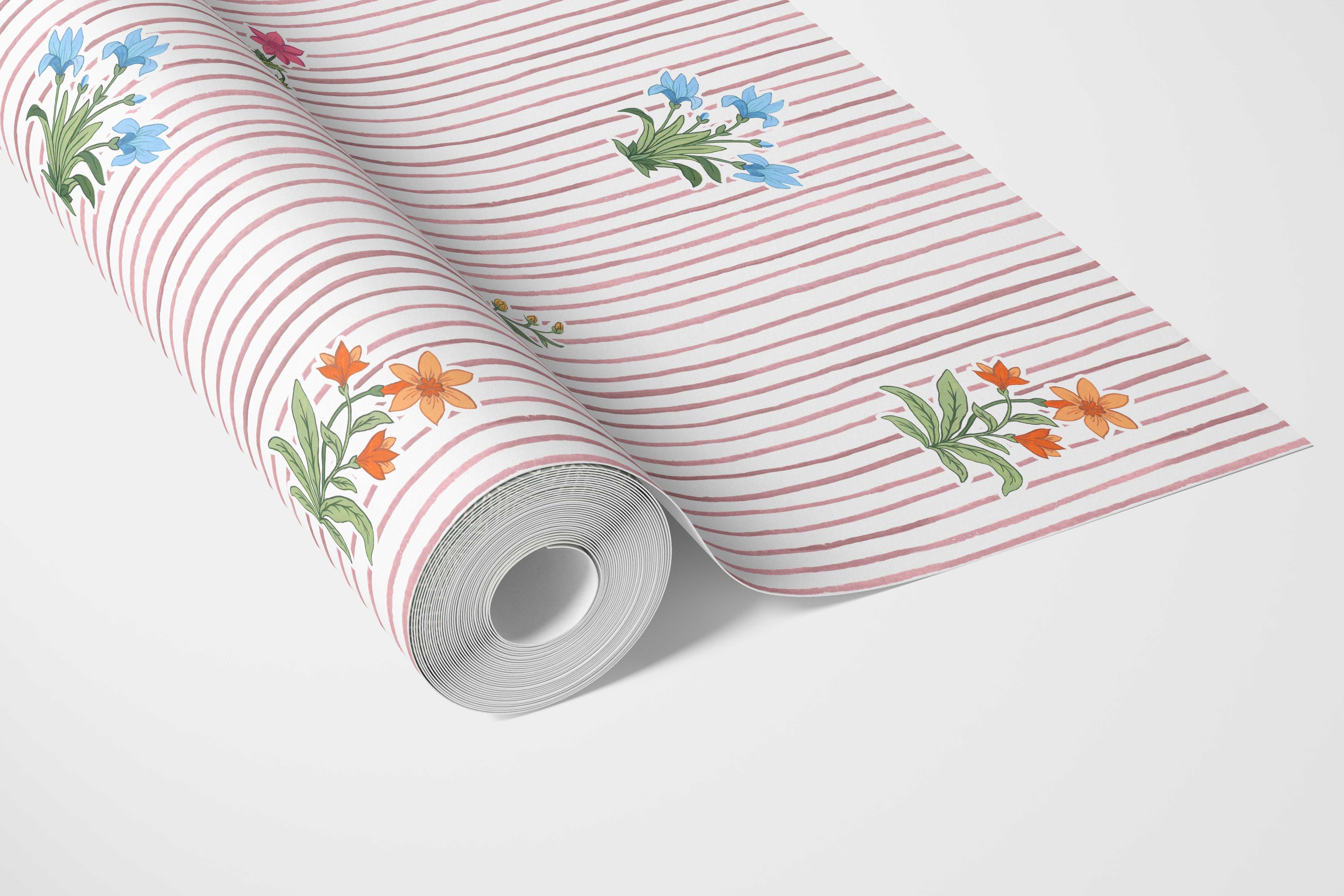 Floral Striped Block Print Bathroom Wallpaper Sample (Pink/ Blue/ Green)