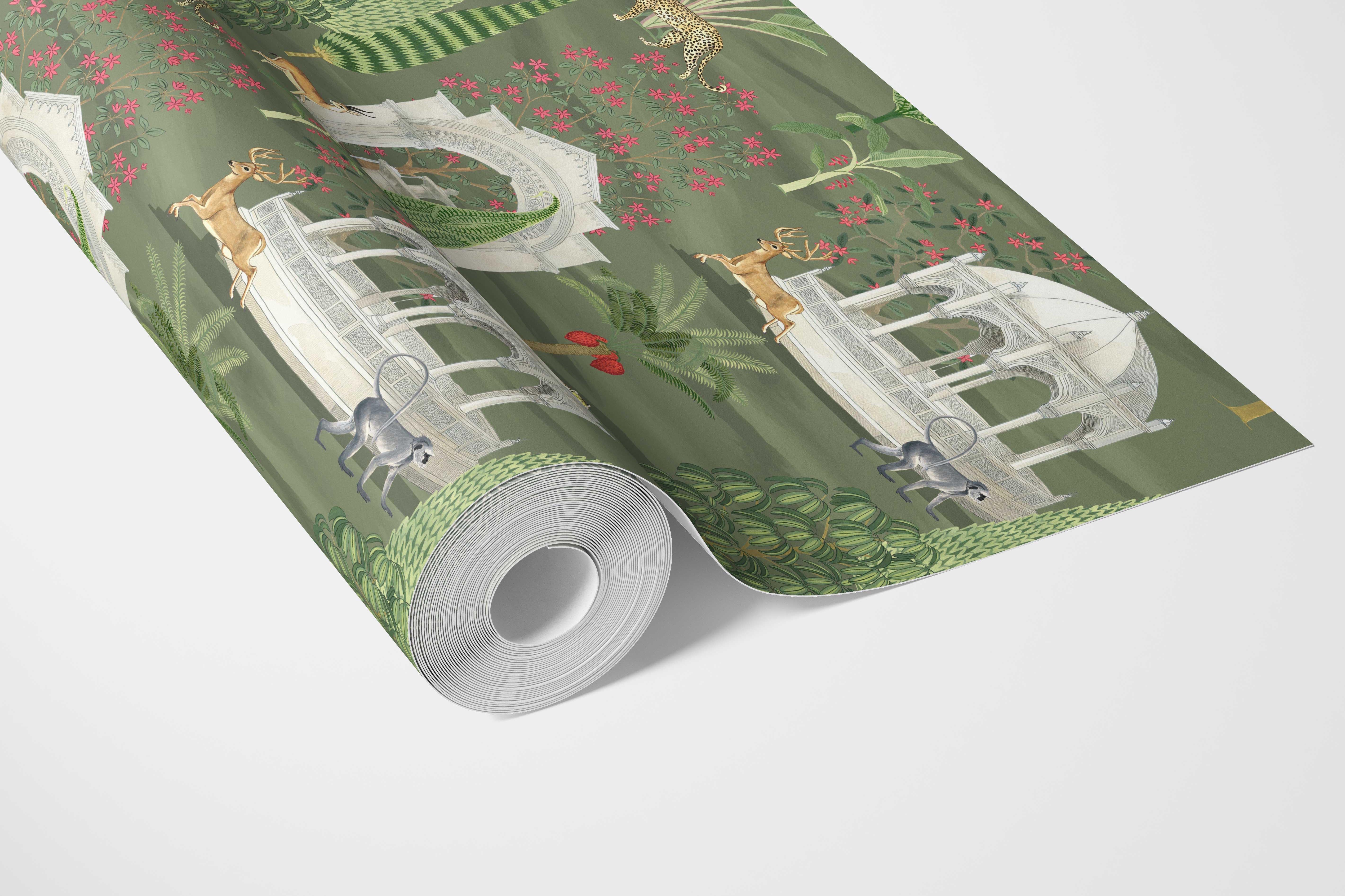 Vintage Heritage/ Ethnic Chinoiserie Bathroom Wallpaper (Green/ White/ Pink/ Beige/ Tan)