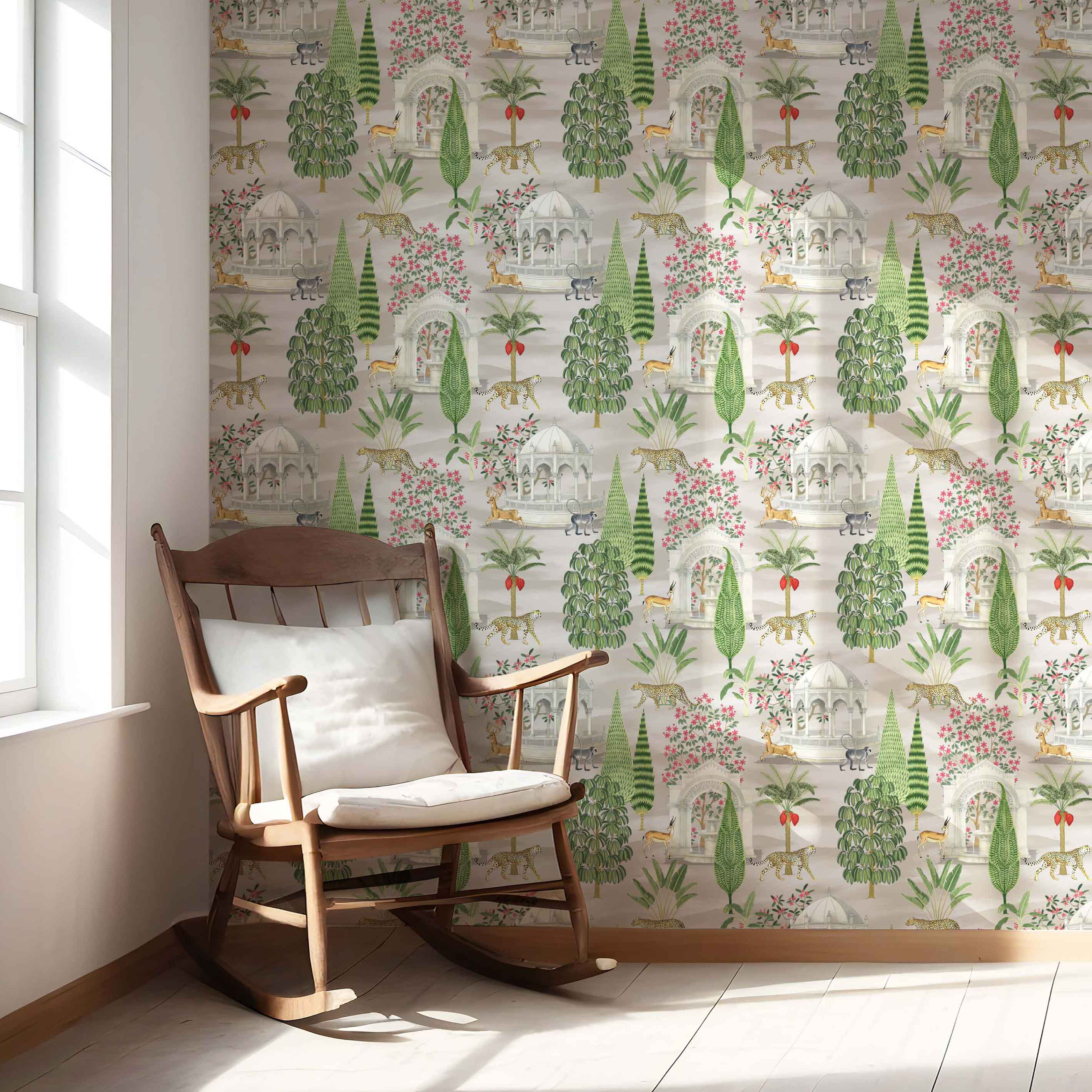 Vintage Heritage/ Ethnic Chinoiserie Nursery Wallpaper (White/ Green/ Pink/ Tan/ Red)