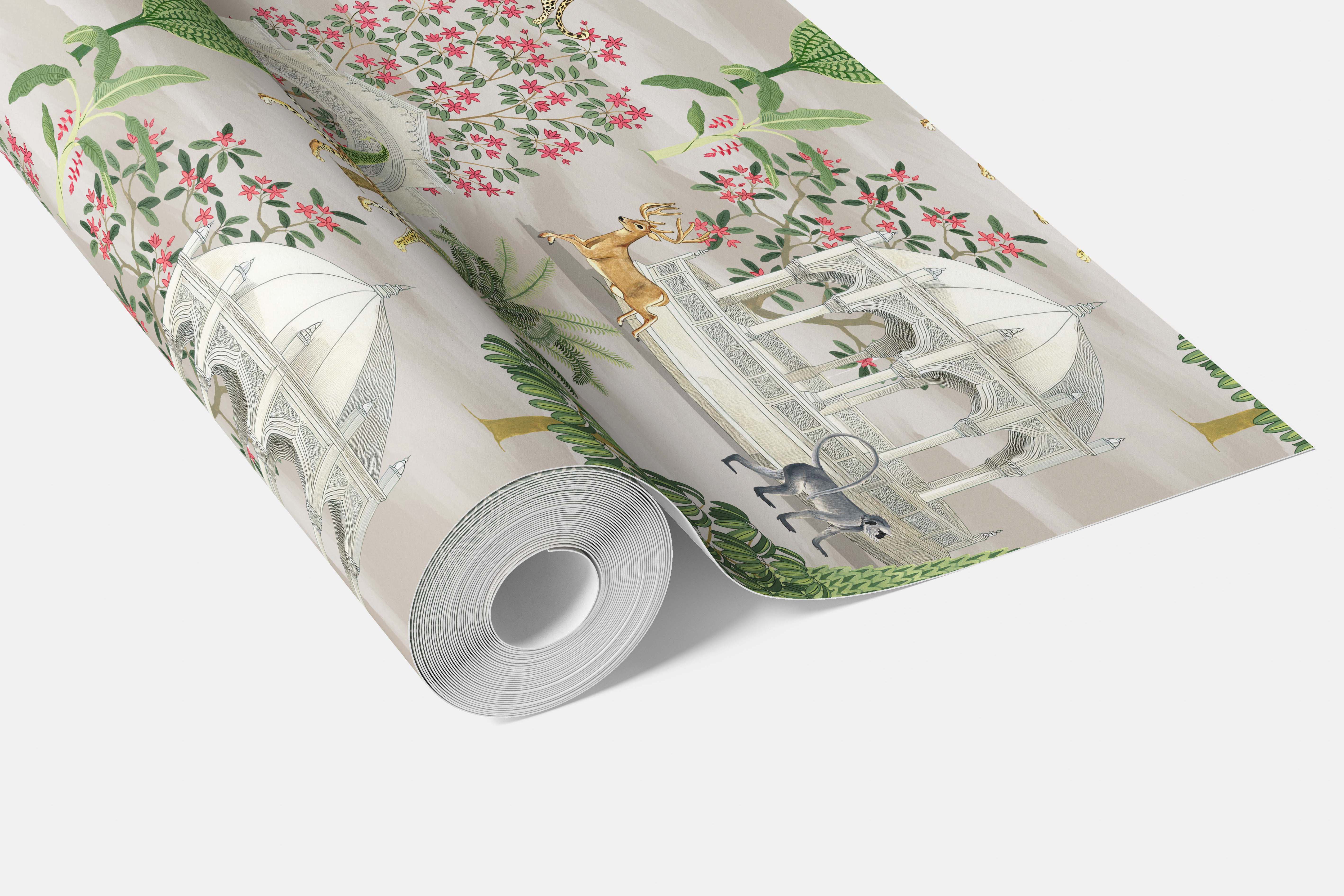Vintage Heritage/ Ethnic Chinoiserie Bathroom Wallpaper Sample (White/ Green/ Pink/ Tan/ Red)