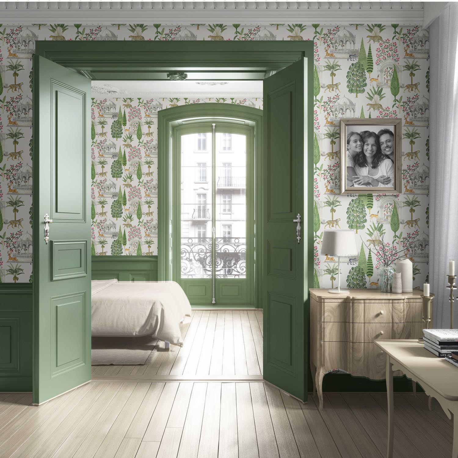 Vintage Heritage/ Ethnic Chinoiserie Living Room Wallpaper Sample (White/ Green/ Pink/ Tan)