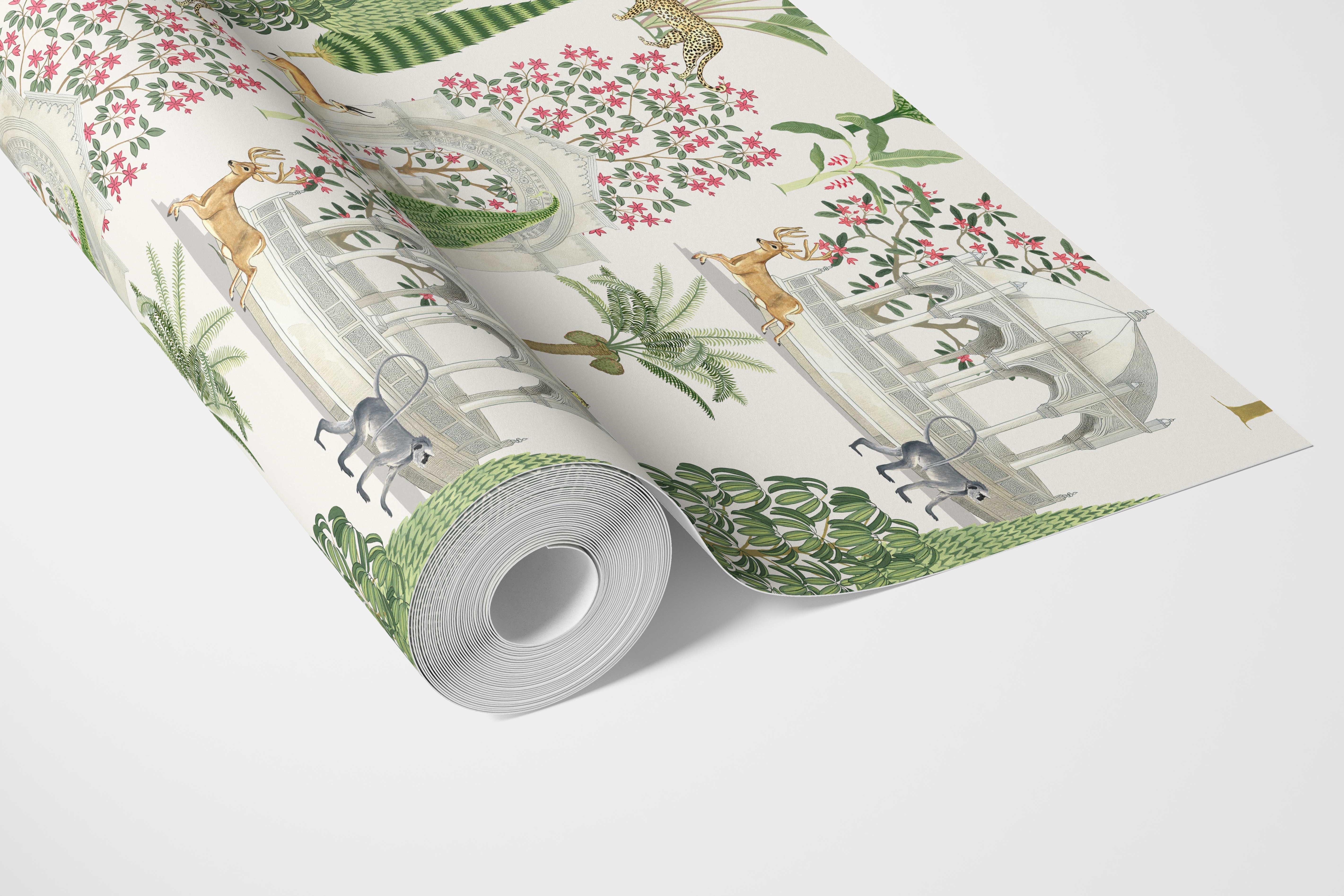 Vintage Heritage/ Ethnic Chinoiserie Bathroom Wallpaper Sample (White/ Green/ Pink/ Tan)