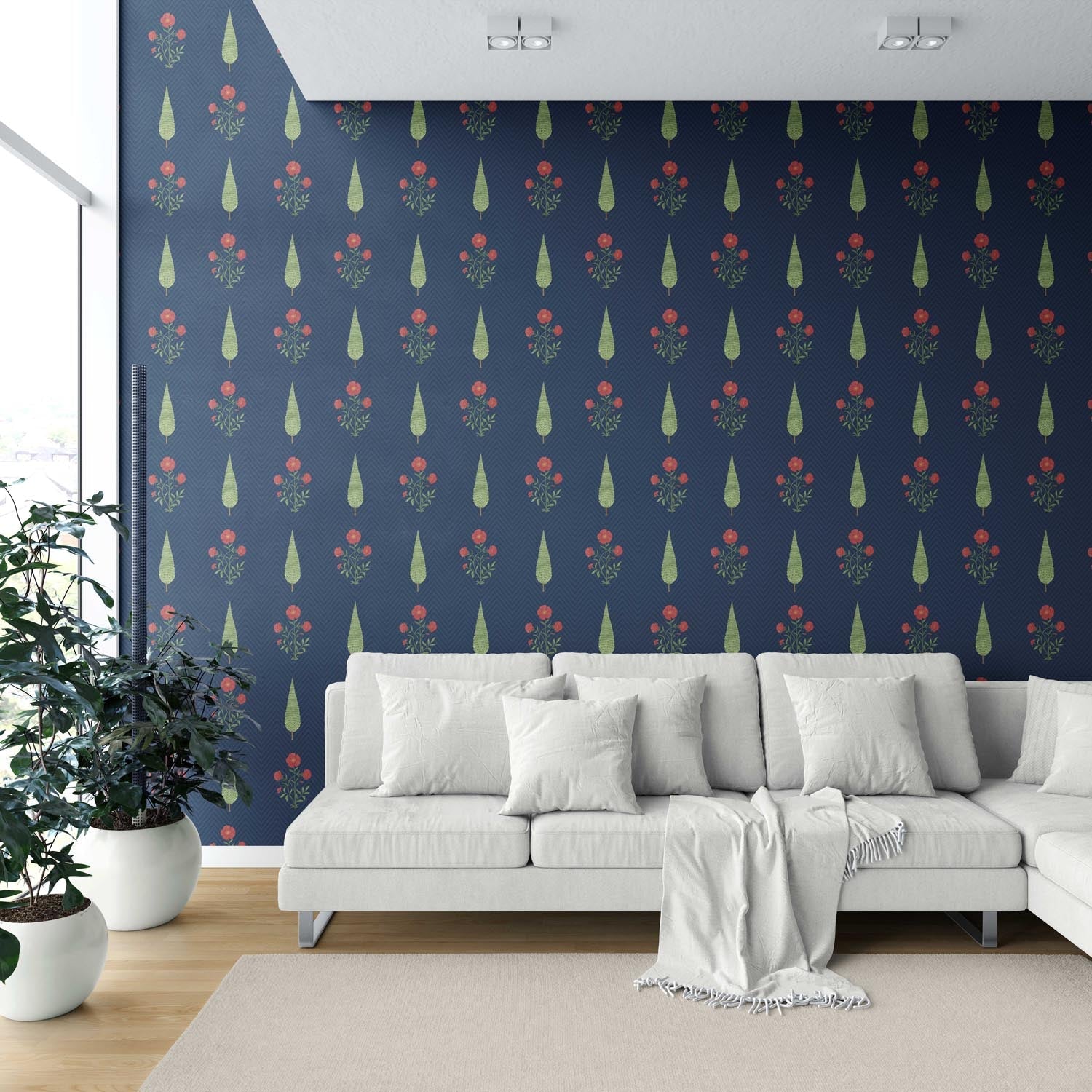 Botanical/ Floral Block Print Shower Toilet Wallpaper (Navy Blue/ Red/ Green)