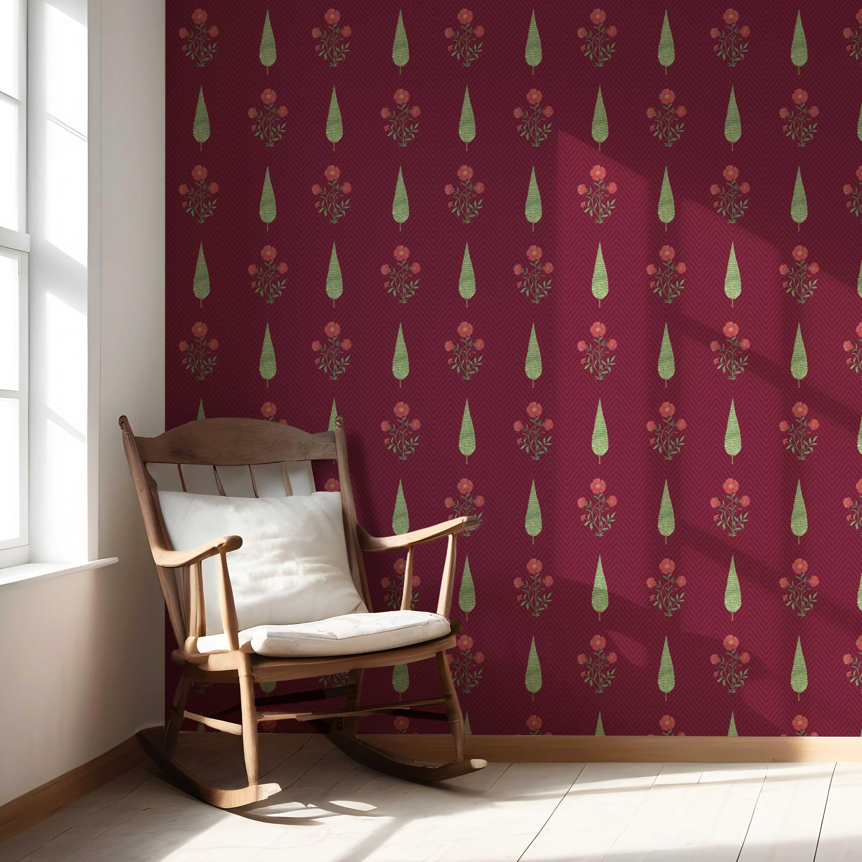 Botanical/ Floral Block Print Nursery Wallpaper Sample (Red/ Maroon/ Green)