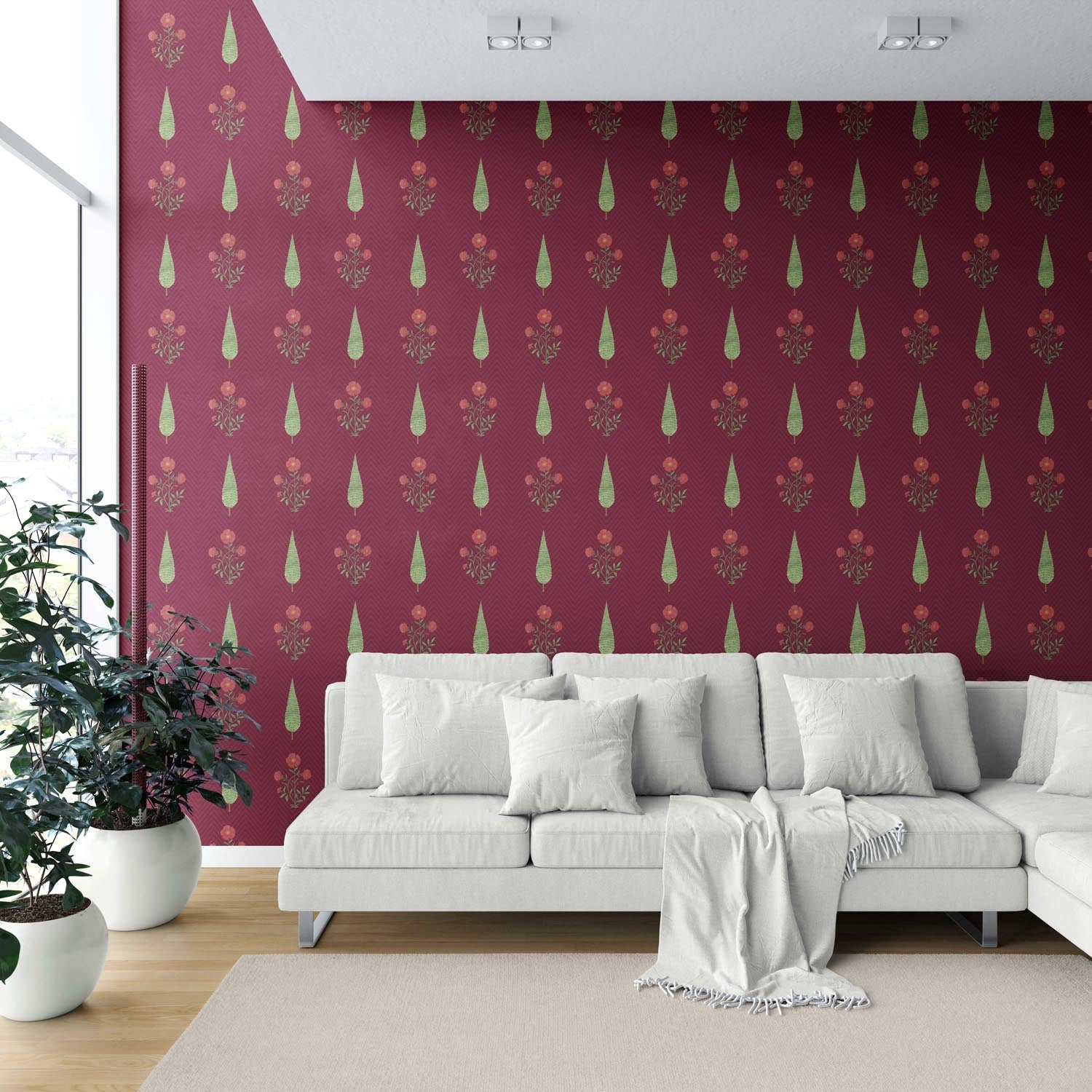 Botanical/ Floral Block Print Shower Toilet Wallpaper Sample (Red/ Maroon/ Green)