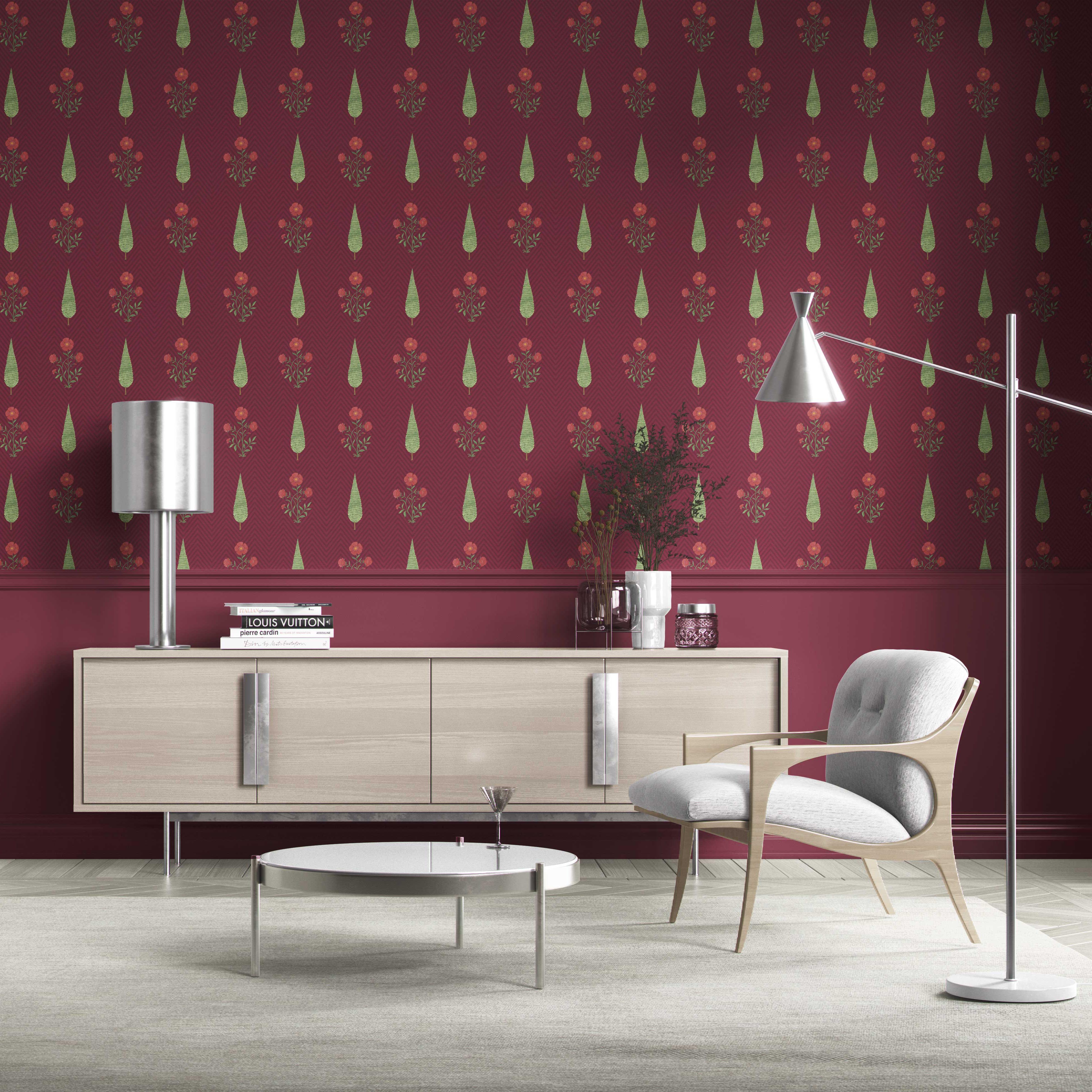 Botanical/ Floral Block Print Kitchen Wallpaper (Red/ Maroon/ Green)