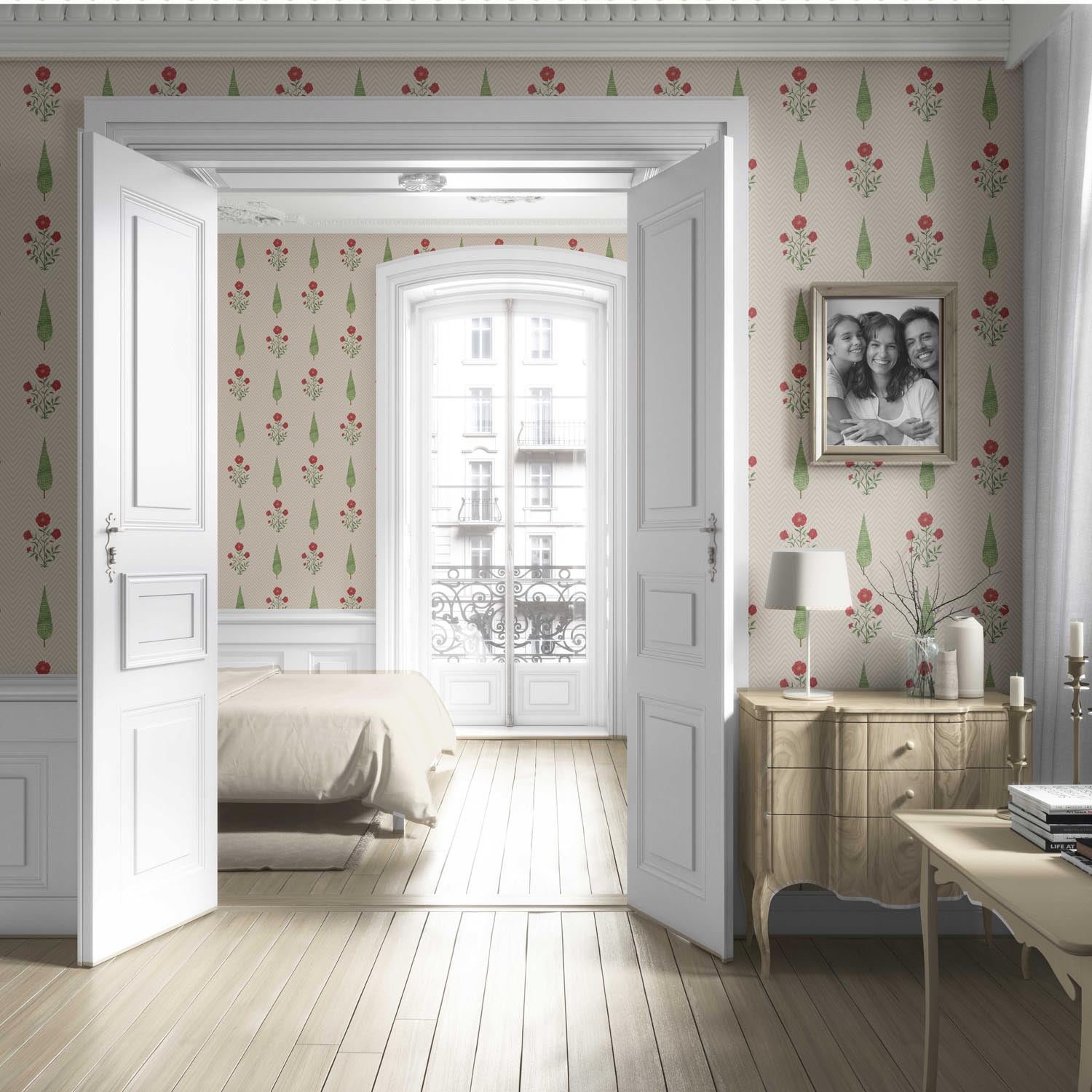 Botanical/ Floral Block Print Living Room Wallpaper (Beige/ Red/ Green)