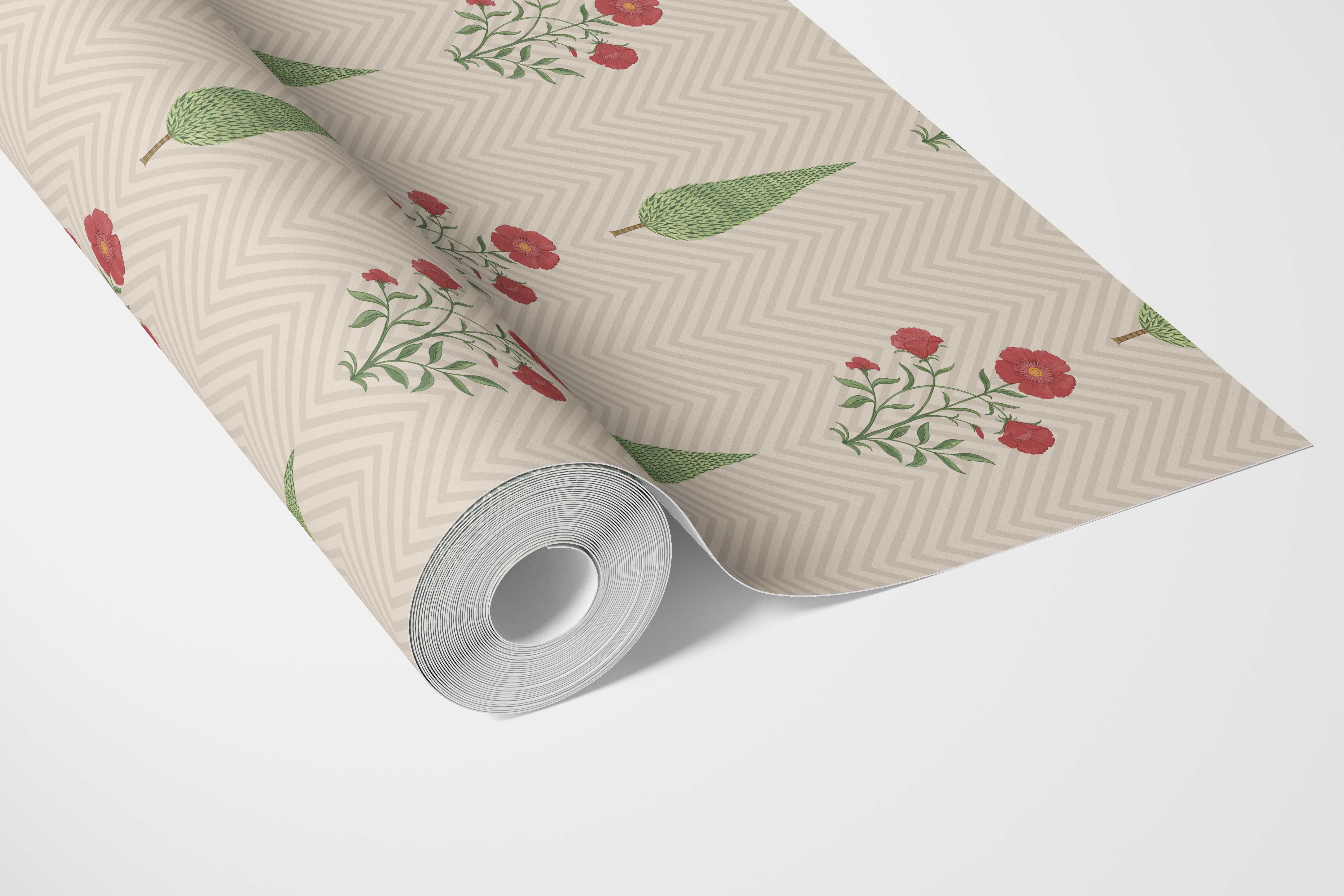 Botanical/ Floral Block Print Bathroom Wallpaper (Beige/ Red/ Green)