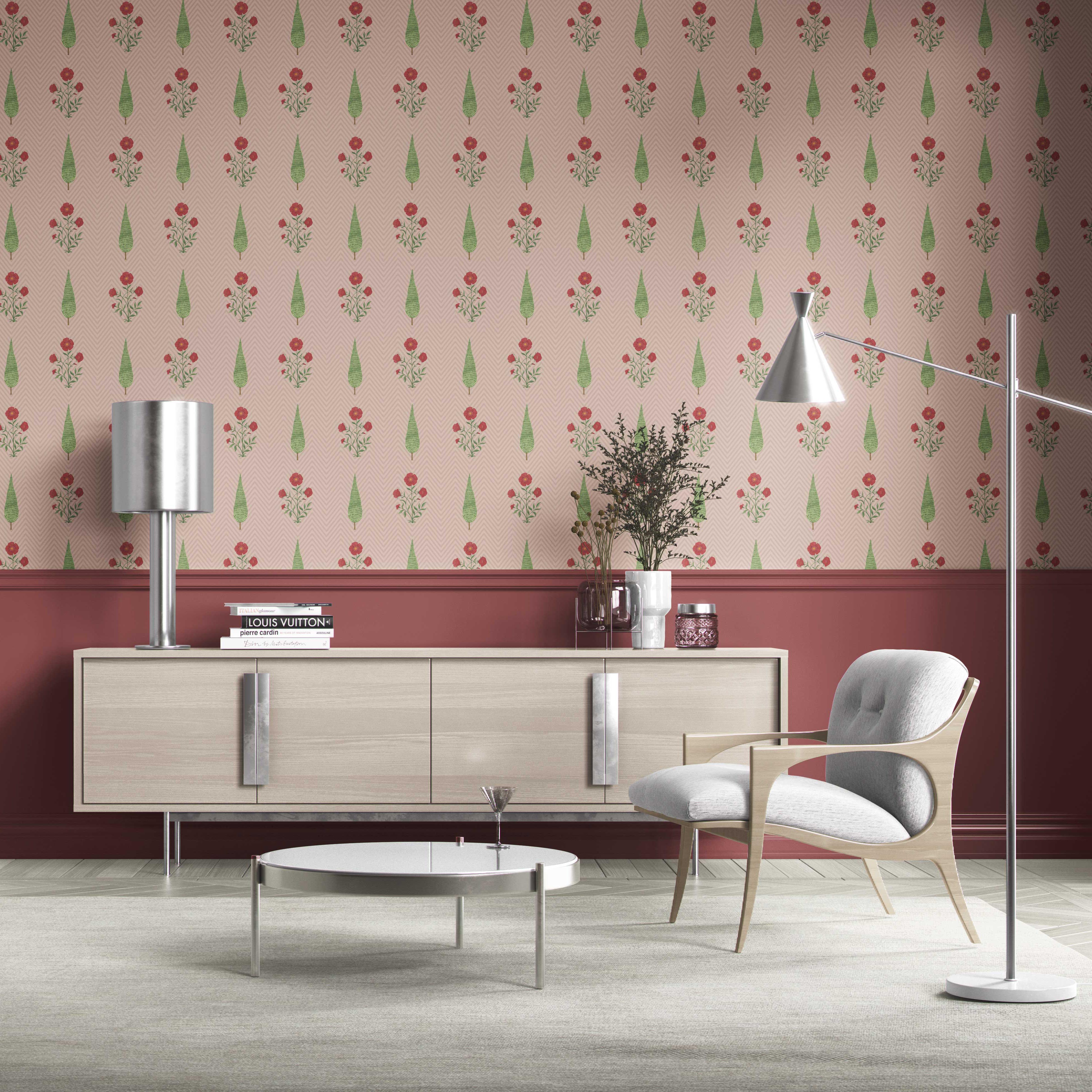 Botanical/ Floral Block Print Kitchen Wallpaper Sample (Pink/ Red/ Green)