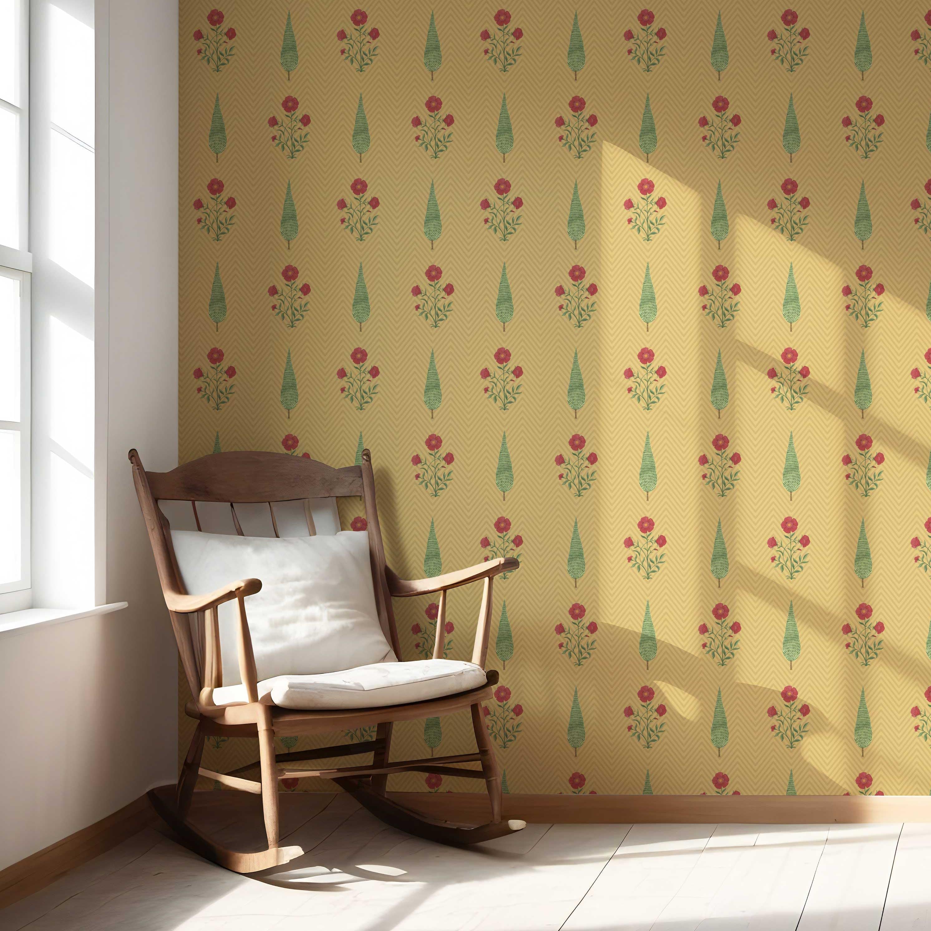 Botanical/ Floral Block Print Nursery Wallpaper (Yellow/ Red/ Green)
