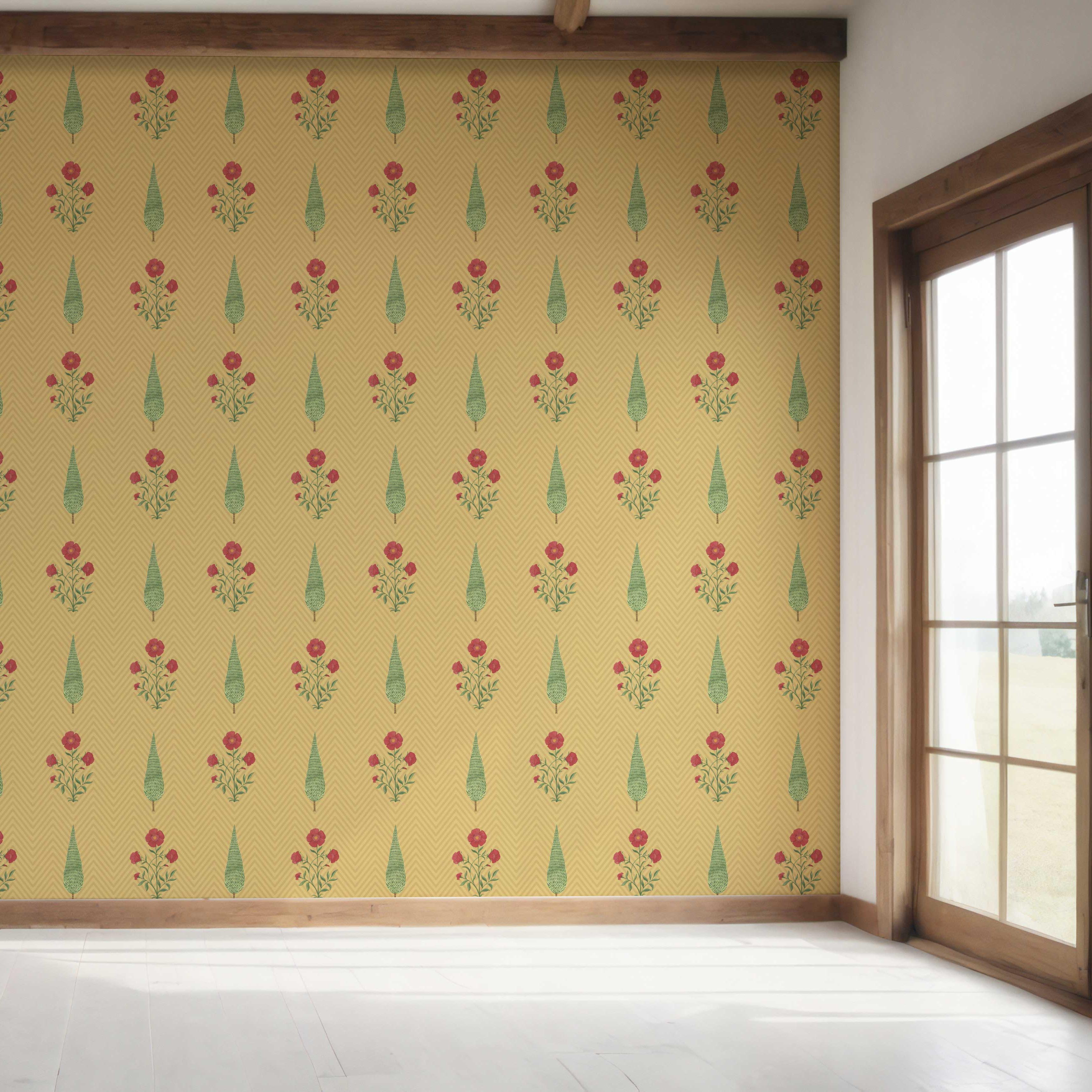 Botanical/ Floral Block Print Bedroom Wallpaper Sample (Yellow/ Red/ Green)