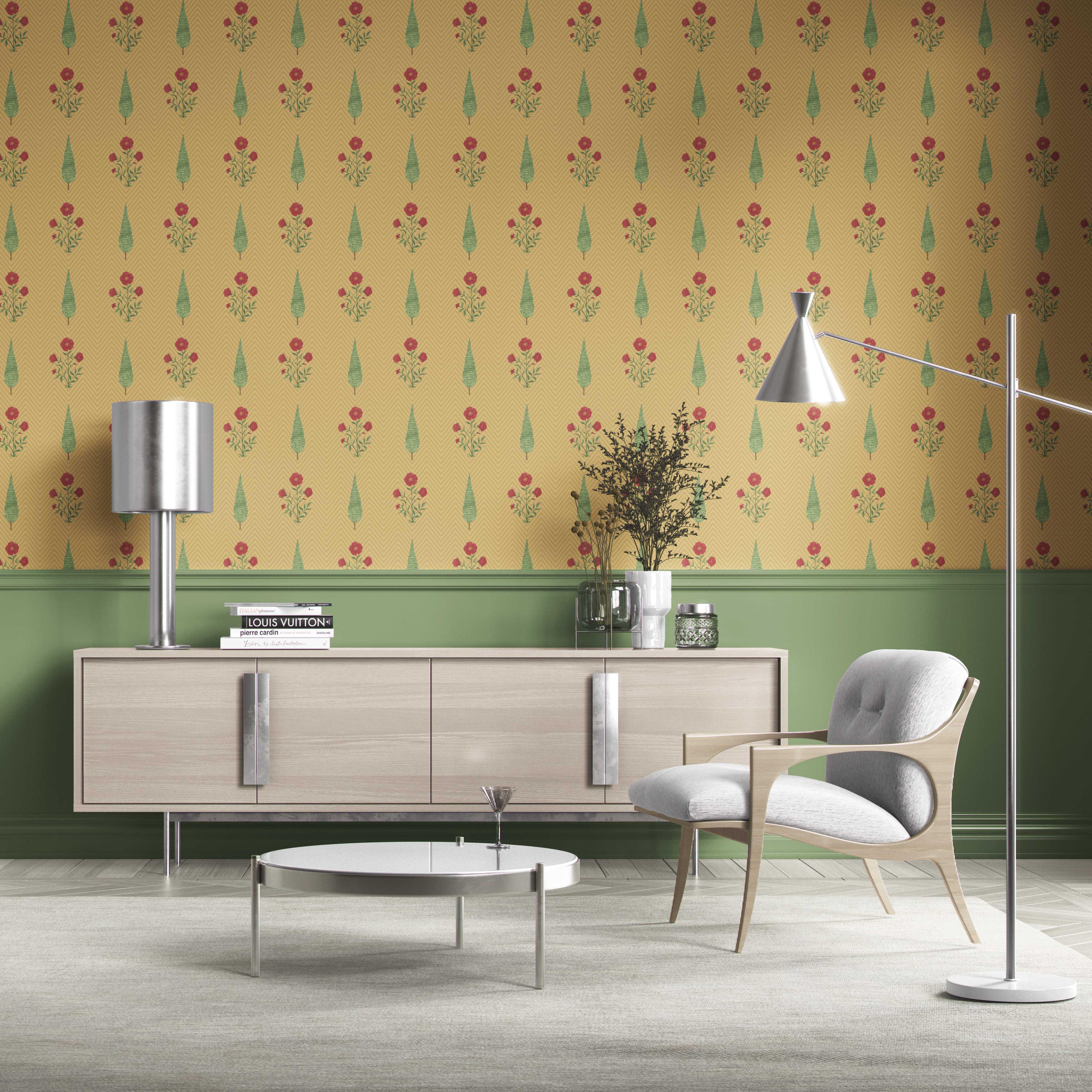 Botanical/ Floral Block Print Kitchen Wallpaper (Yellow/ Red/ Green)