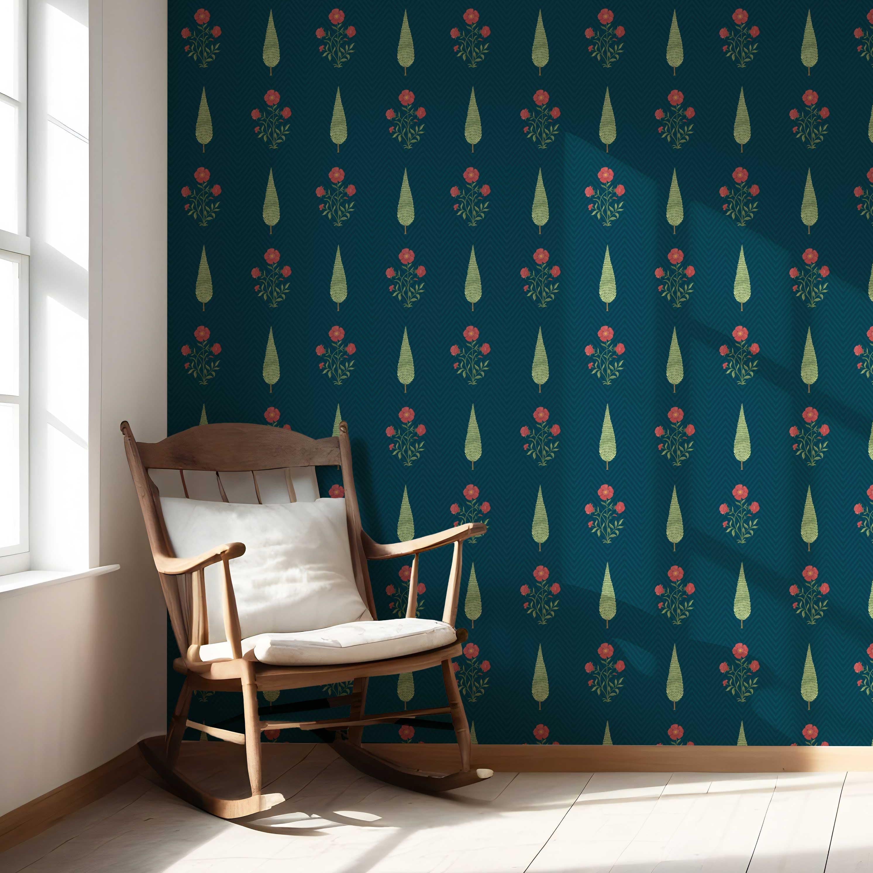 Botanical/ Floral Block Print Nursery Wallpaper Sample (Teal Blue/ Red/ Green)