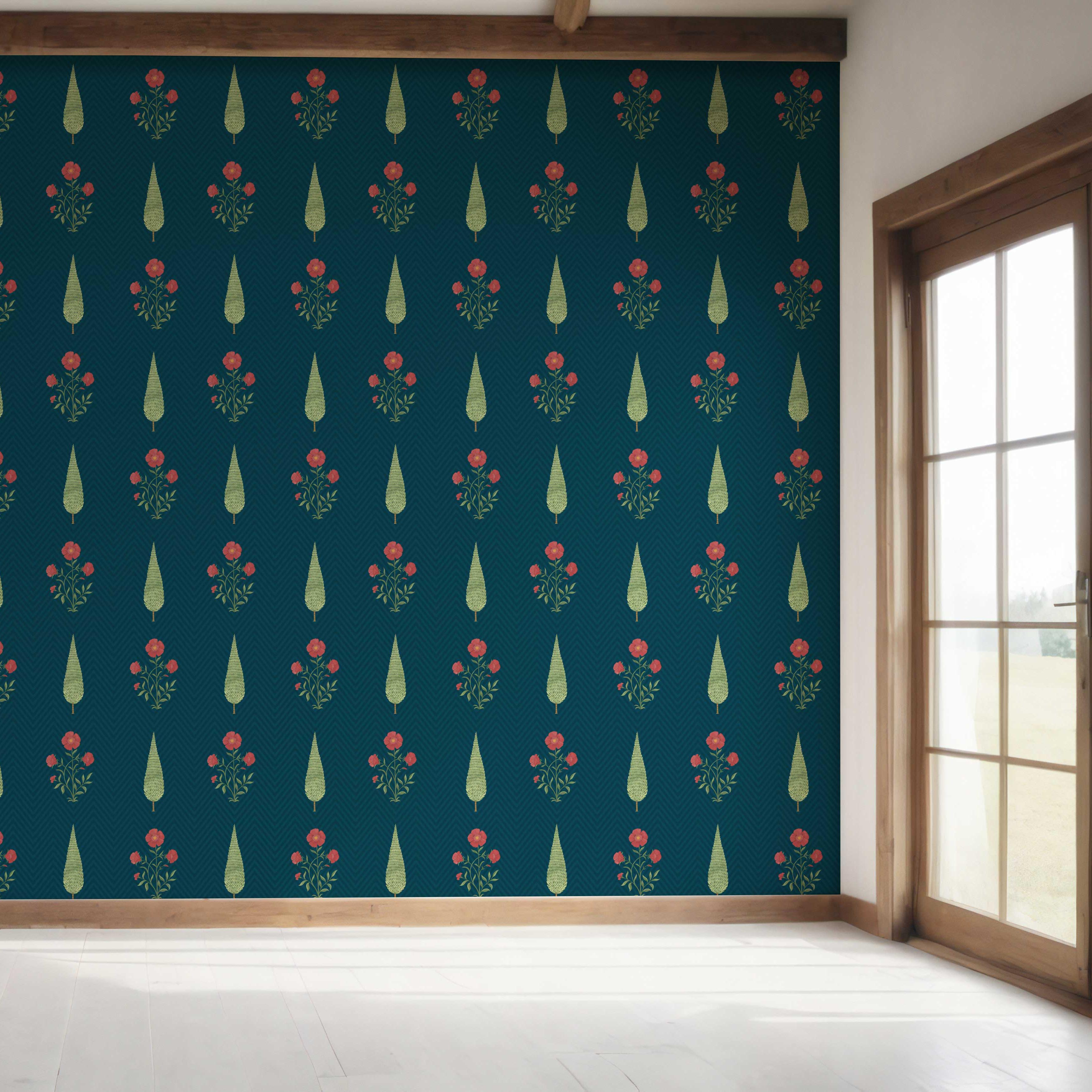 Botanical/ Floral Block Print Bedroom Wallpaper Sample (Teal Blue/ Red/ Green)