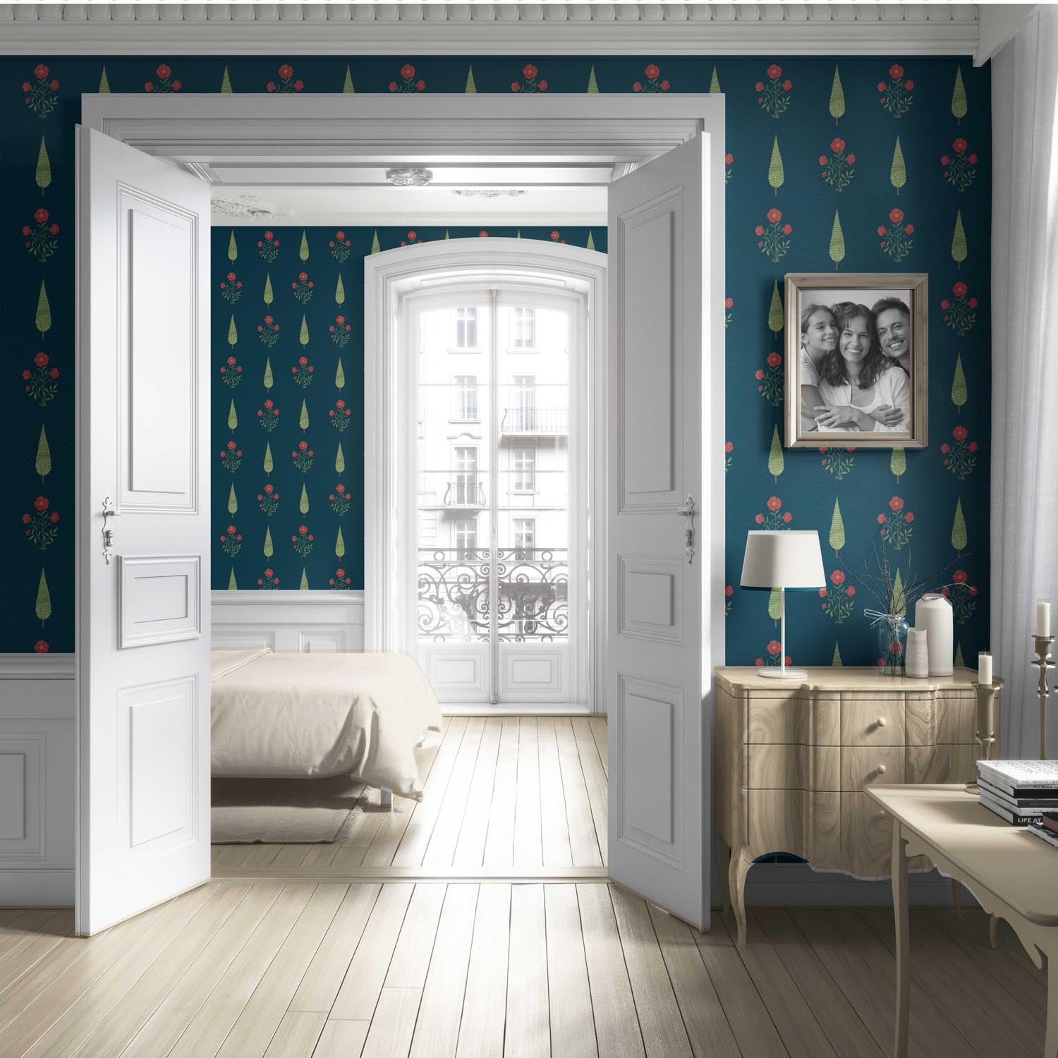 Botanical/ Floral Block Print Living Room Wallpaper Sample (Teal Blue/ Red/ Green)