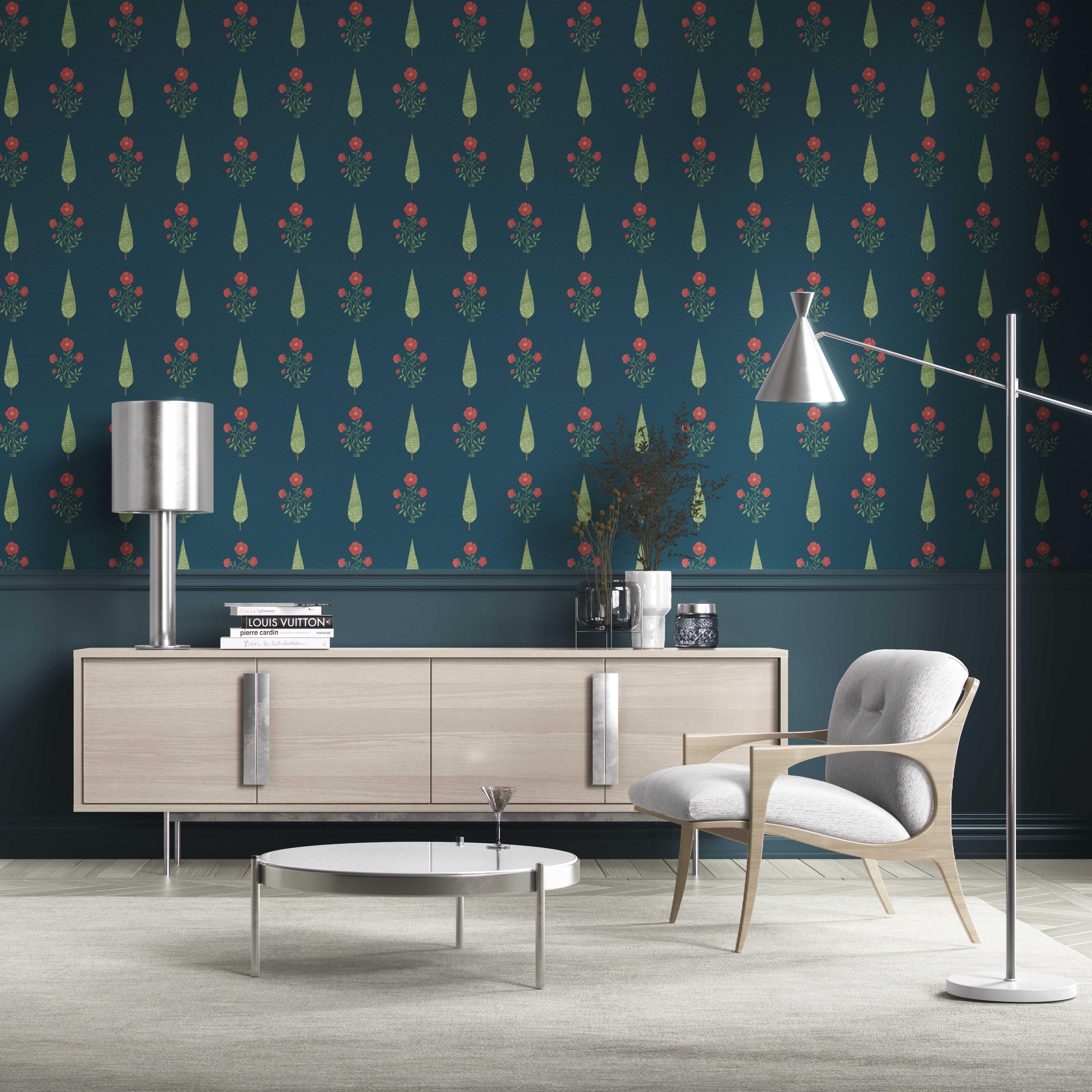Botanical/ Floral Block Print Kitchen Wallpaper Sample (Teal Blue/ Red/ Green)