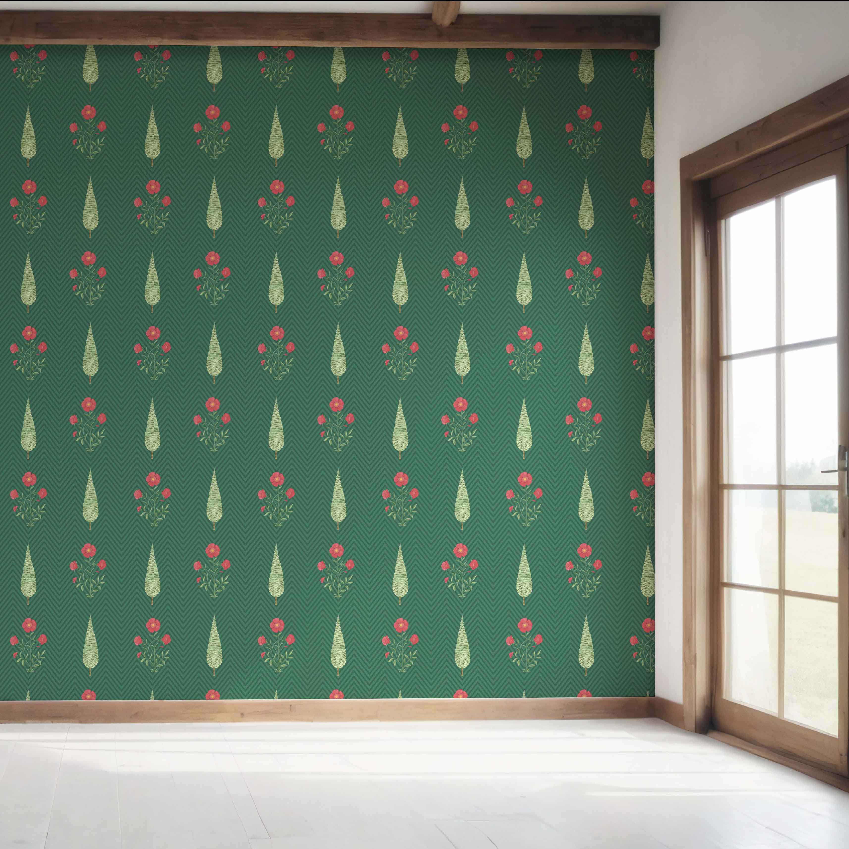 Botanical/ Floral Block Print Bedroom Wallpaper Sample (Emerald Green/ Red)