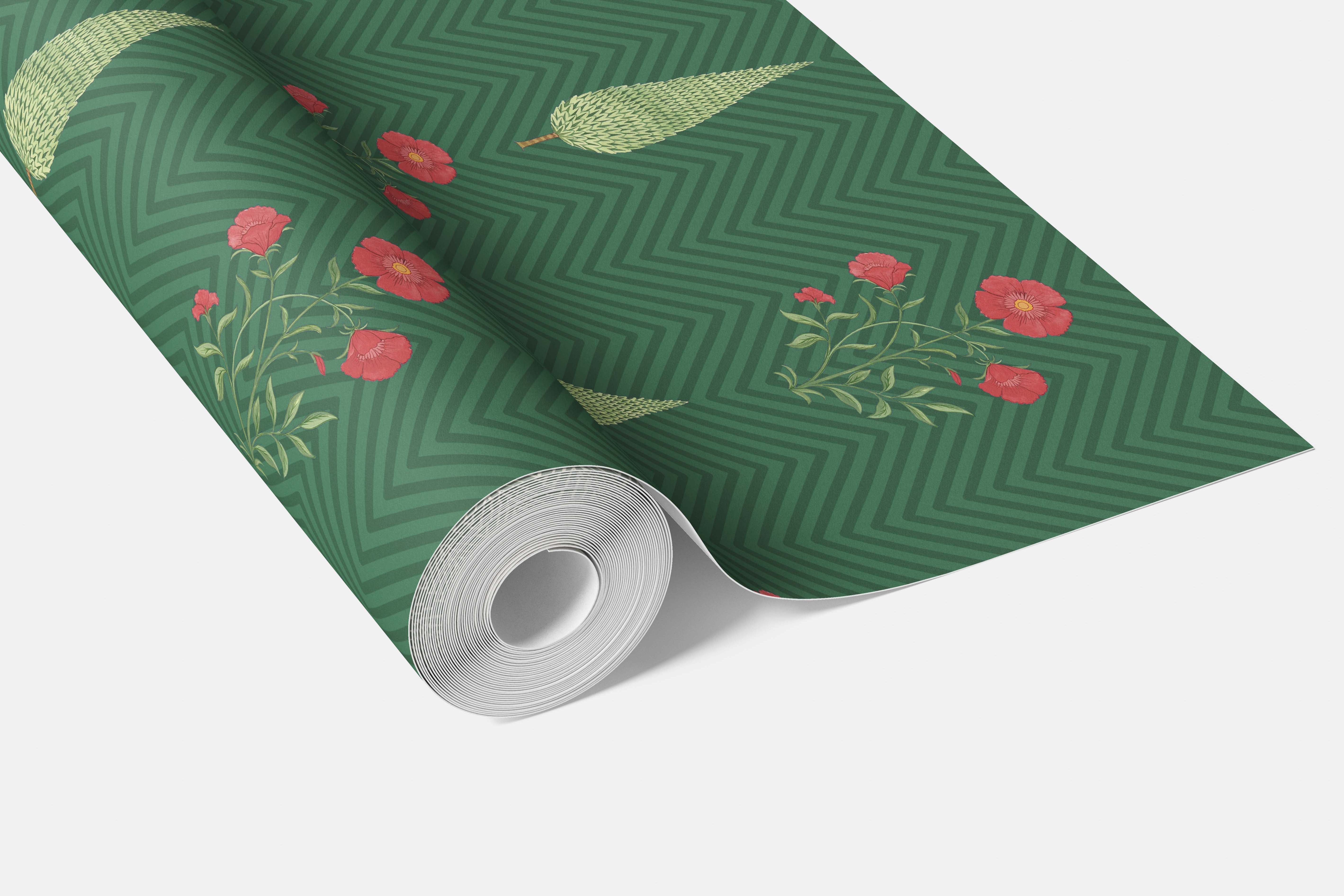 Botanical/ Floral Block Print Bathroom Wallpaper (Emerald Green/ Red)