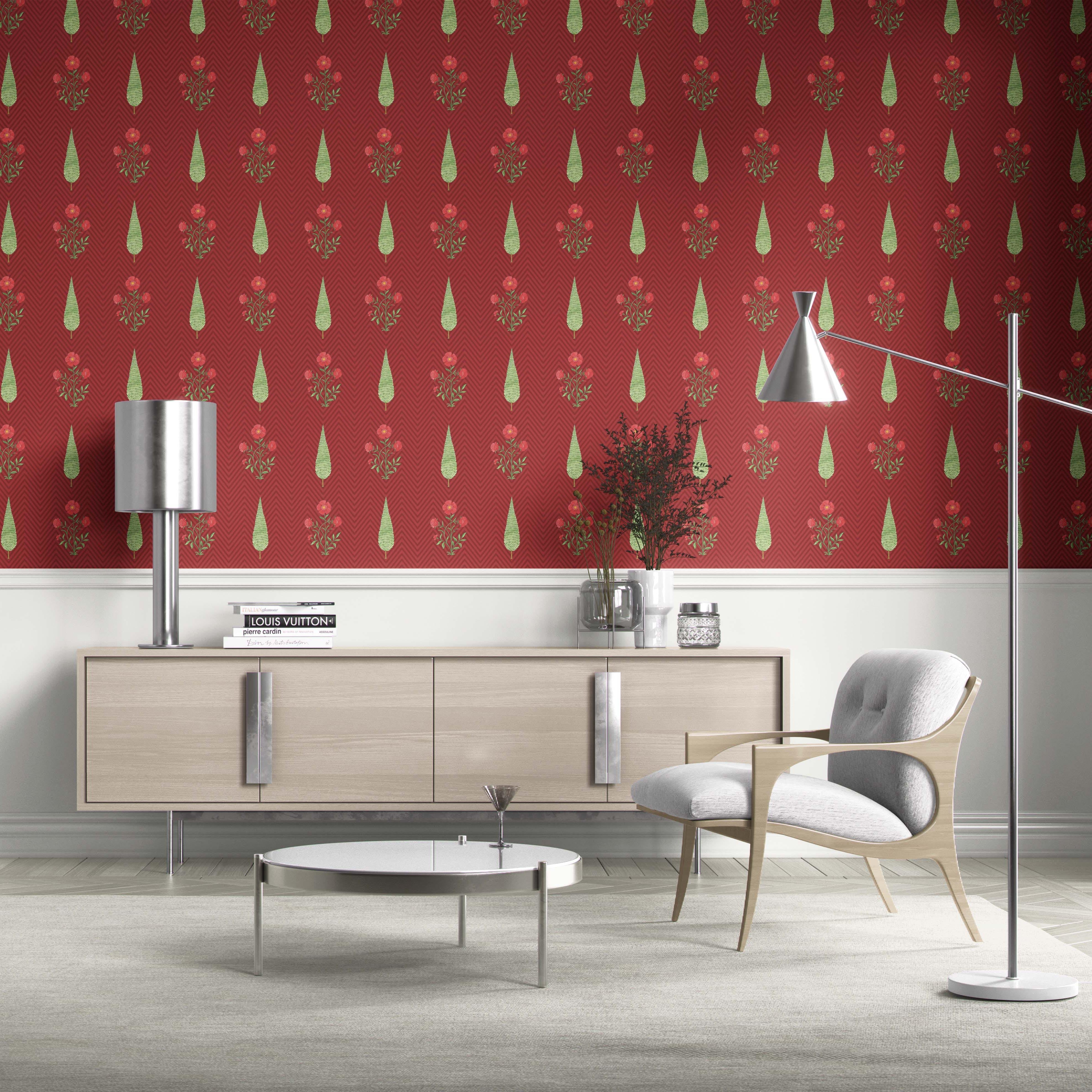 Botanical/ Floral Block Print Kitchen Wallpaper Sample (Red/ Pink/ Green)