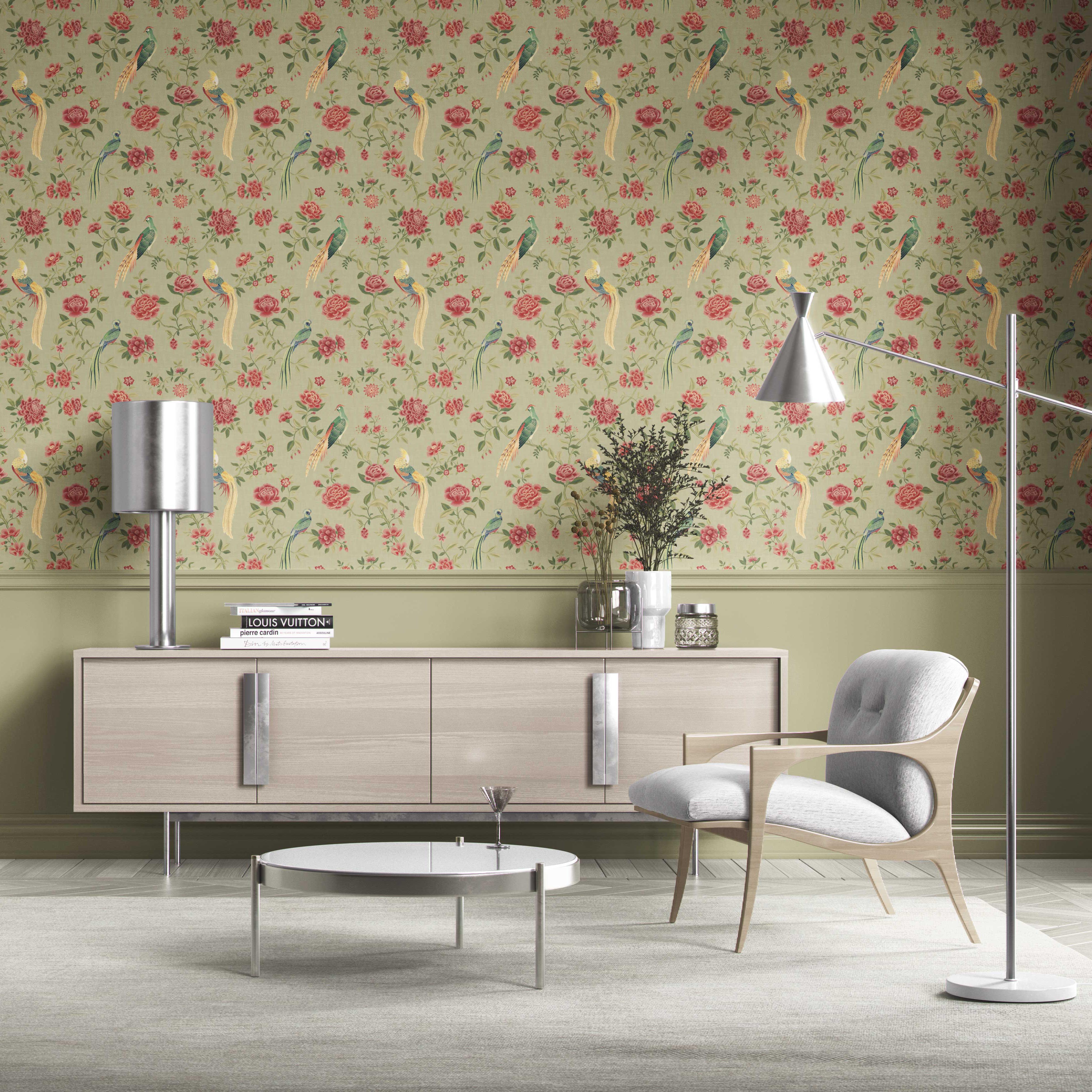 Floral Chinoiserie/ Nature Bird Print Kitchen Wallpaper (Olive Green/ Red/ Yellow)