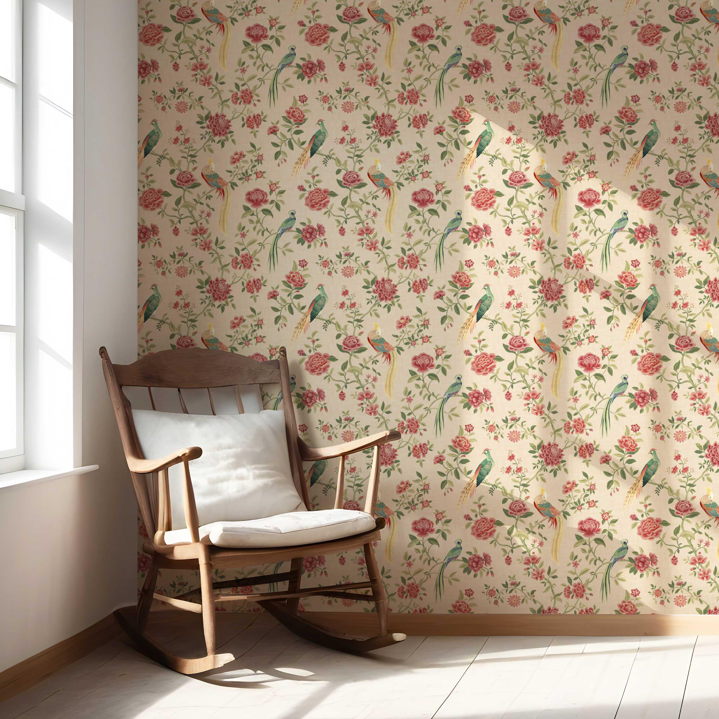 Floral Chinoiserie/ Nature Bird Print Nursery Wallpaper Sample (Peach/ Red/ Green/ Yellow)