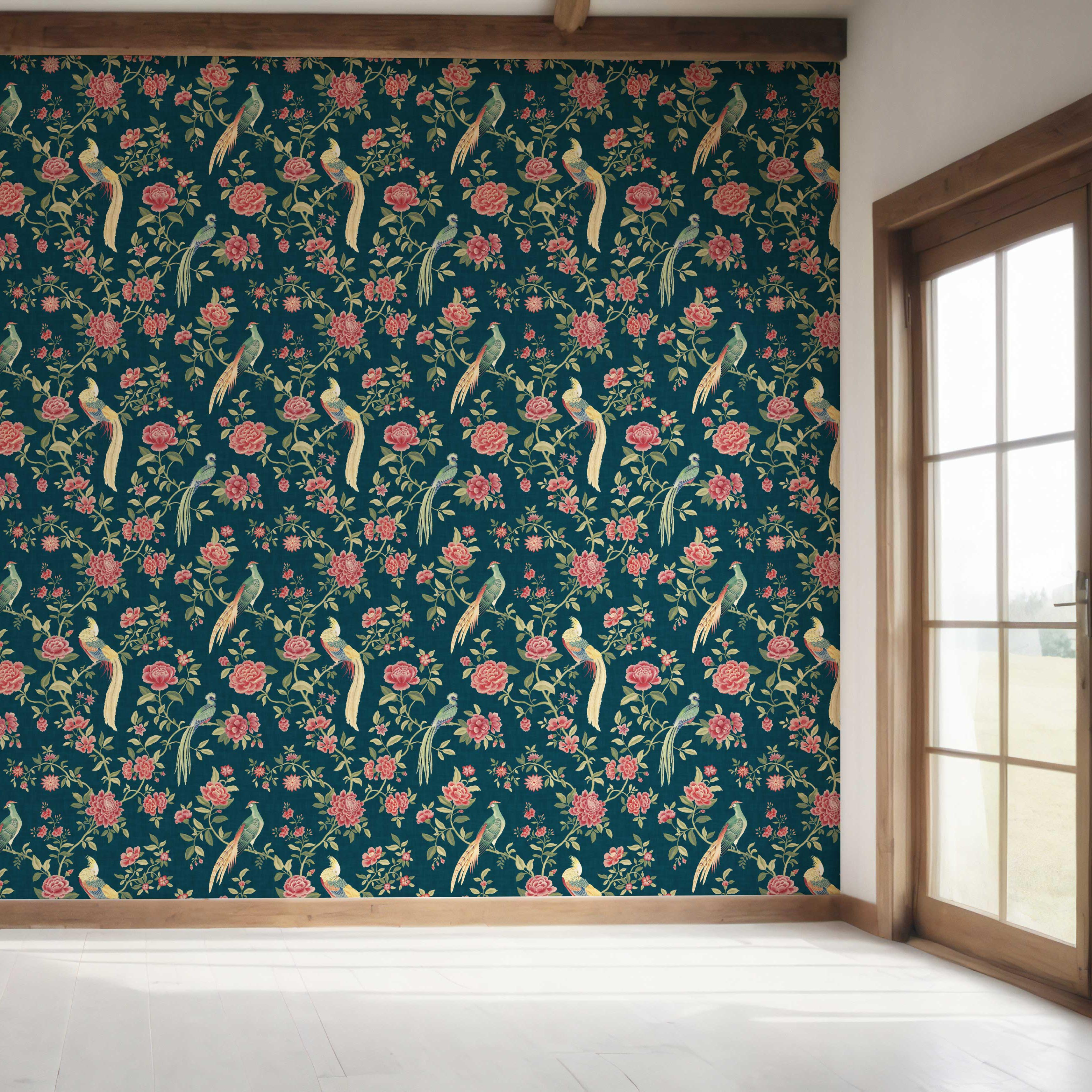 Floral Chinoiserie/ Nature Bird Print Bedroom Wallpaper (Teal Blue/ Pink/ Green/ Yellow)