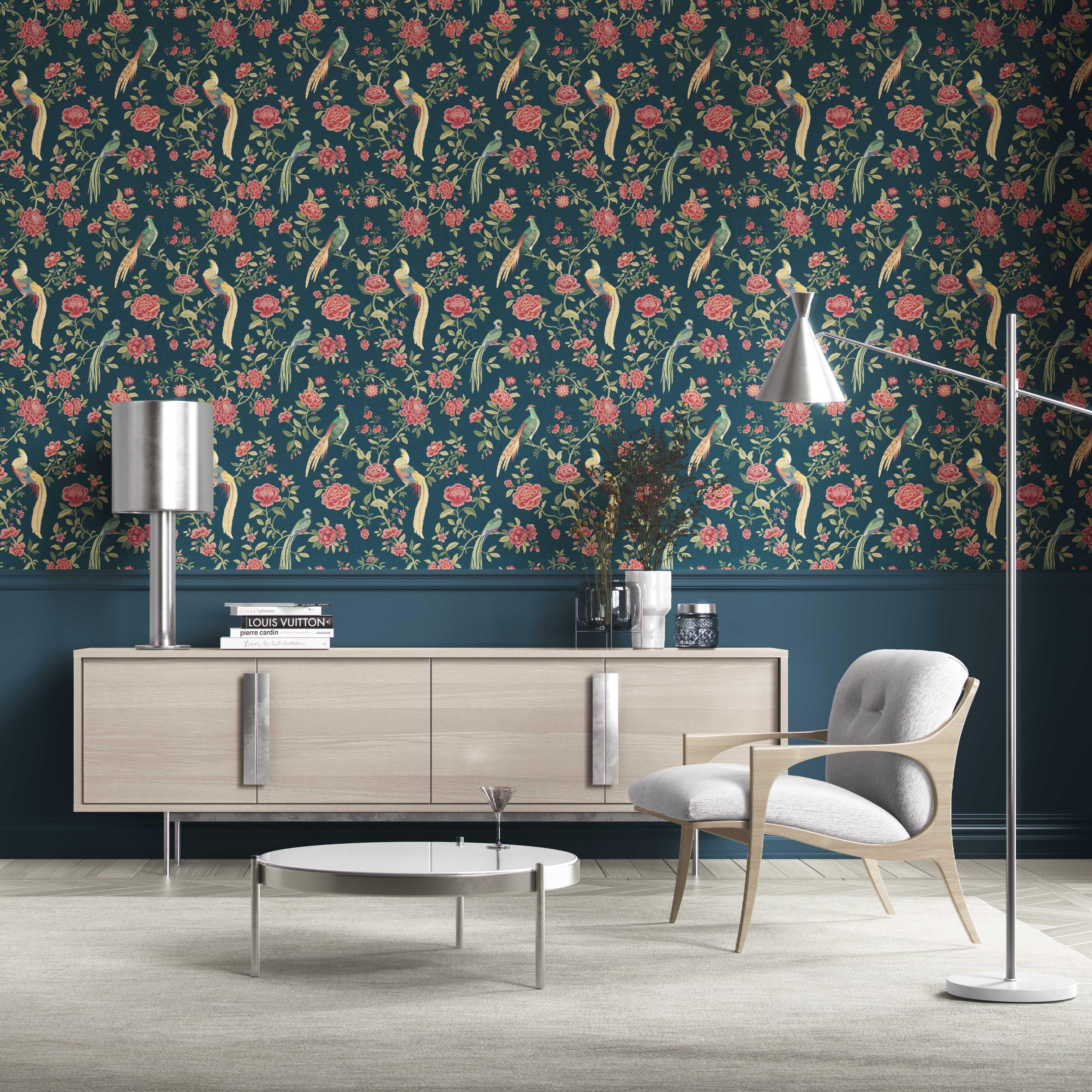 Floral Chinoiserie/ Nature Bird Print Kitchen Wallpaper Sample (Teal Blue/ Pink/ Green/ Yellow)
