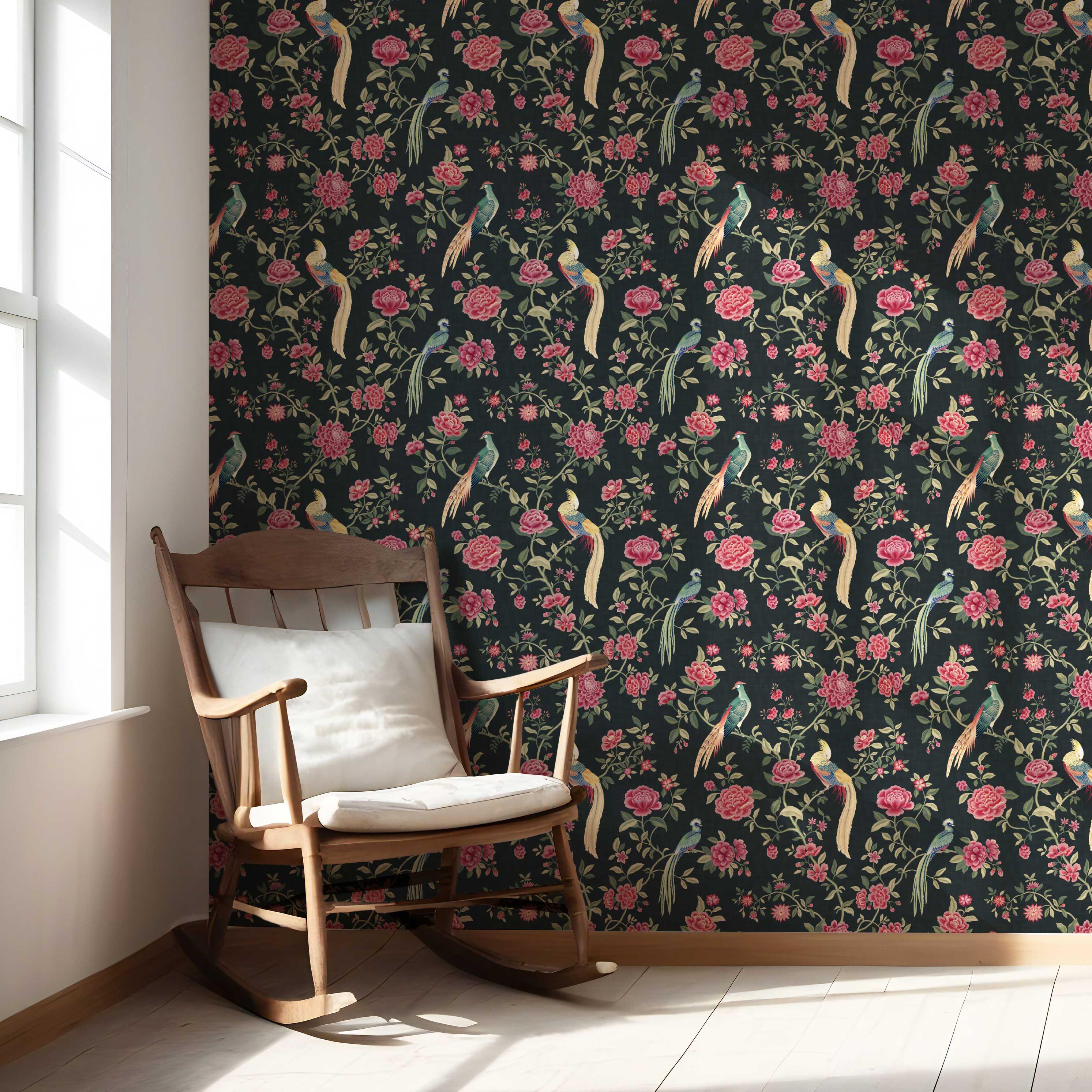 Floral Chinoiserie/ Nature Bird Print Nursery Wallpaper Sample (Black/ Pink/ Green/ Blue/ Yellow)