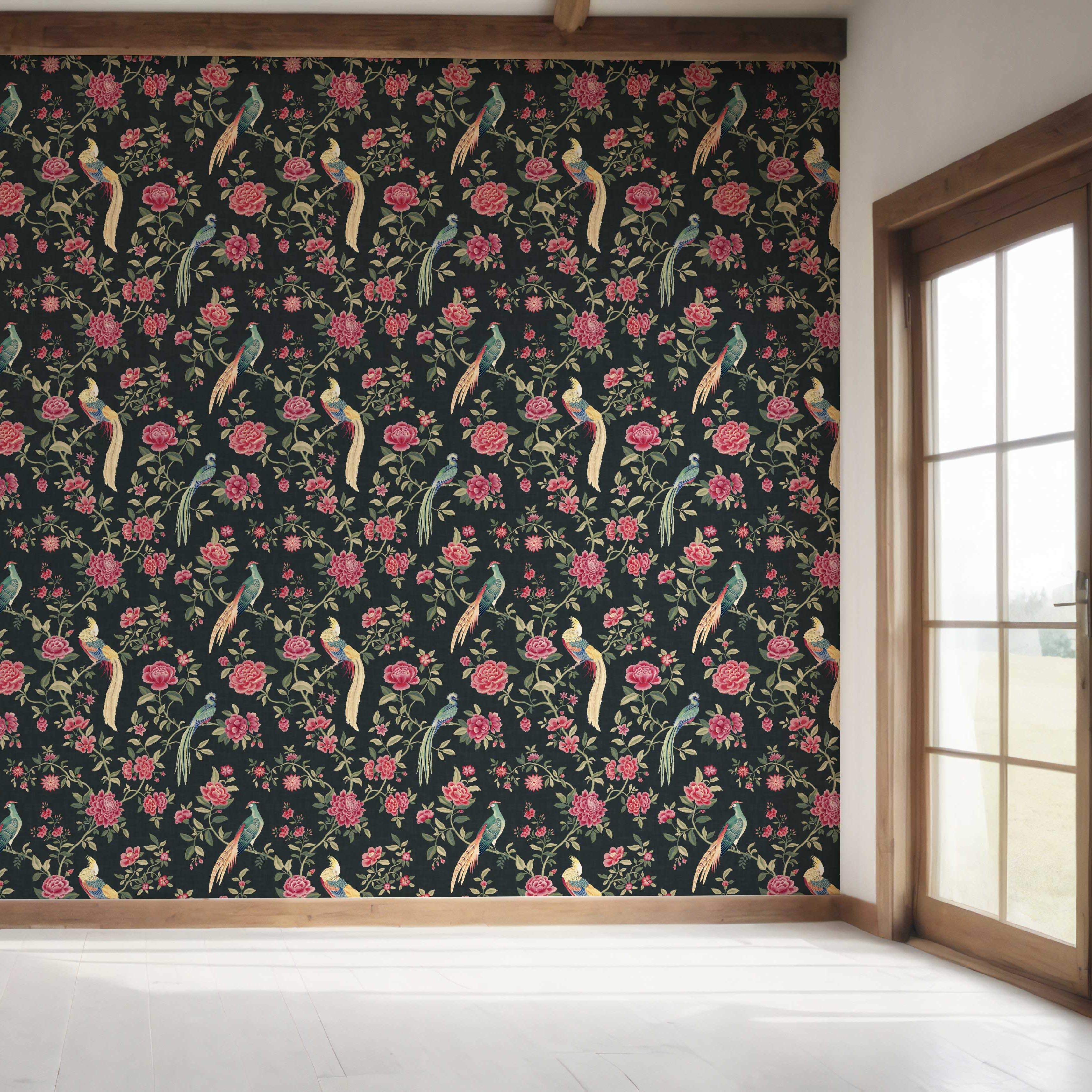 Floral Chinoiserie/ Nature Bird Print Bedroom Wallpaper Sample (Black/ Pink/ Green/ Blue/ Yellow)
