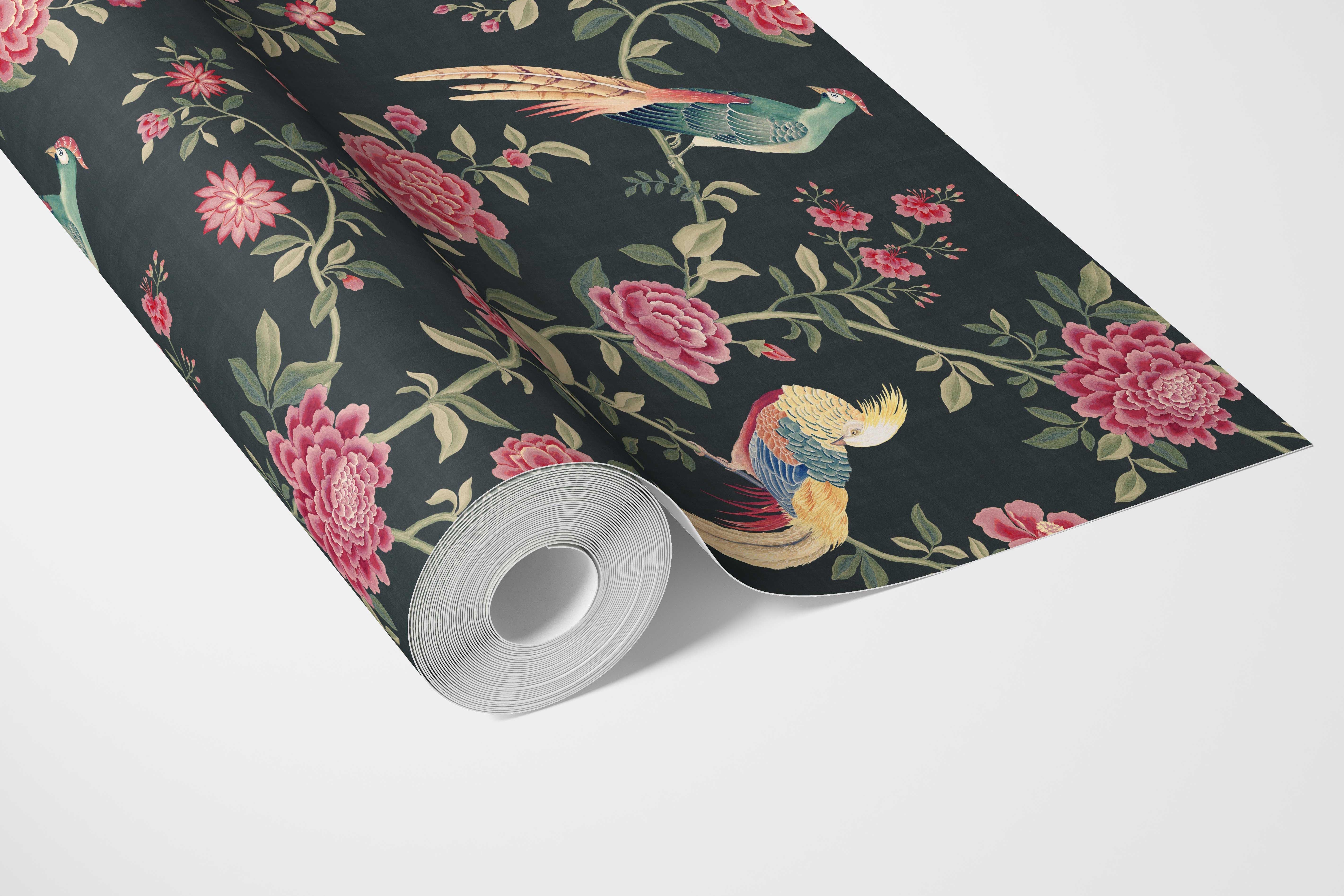 Floral Chinoiserie/ Nature Bird Print Bathroom Wallpaper Sample (Black/ Pink/ Green/ Blue/ Yellow)
