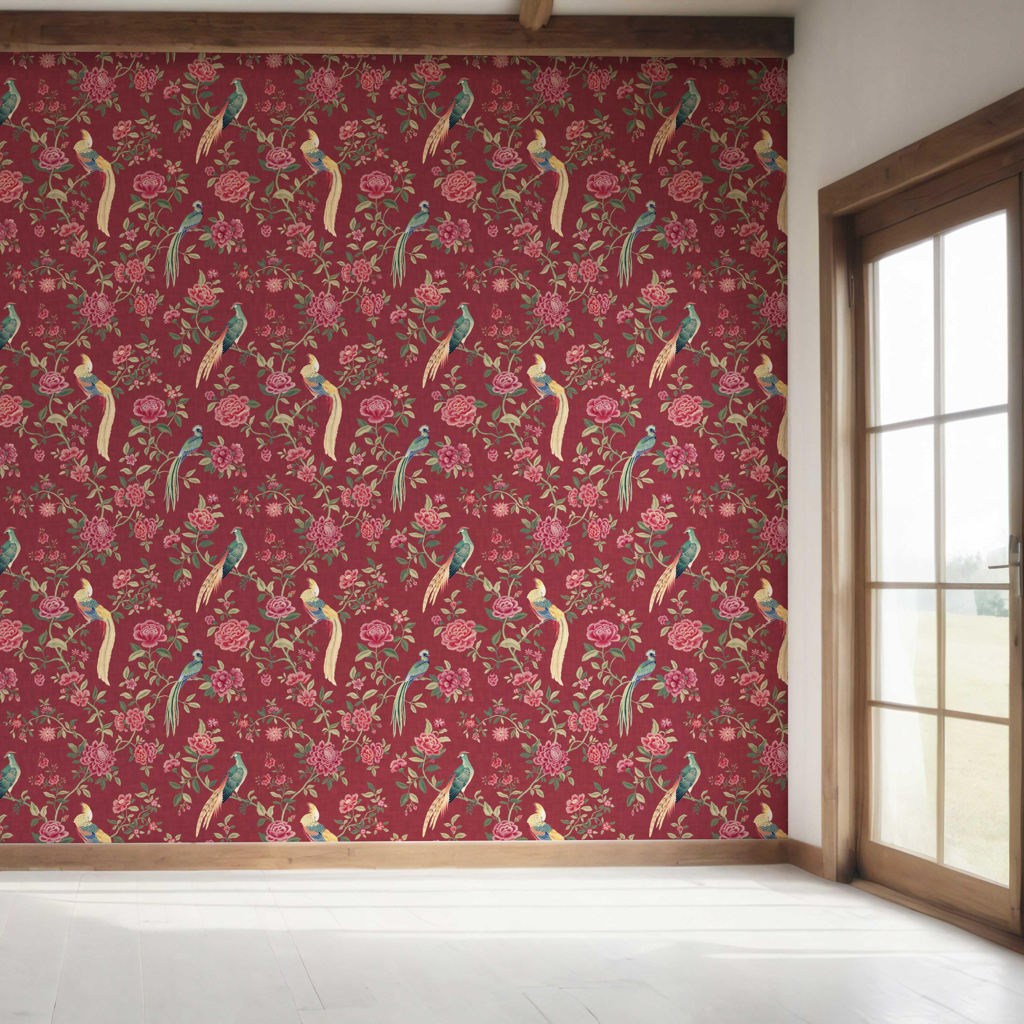 Floral Chinoiserie/ Nature Bird Print Bedroom Wallpaper (Red/ Pink/ Green/ Yellow)