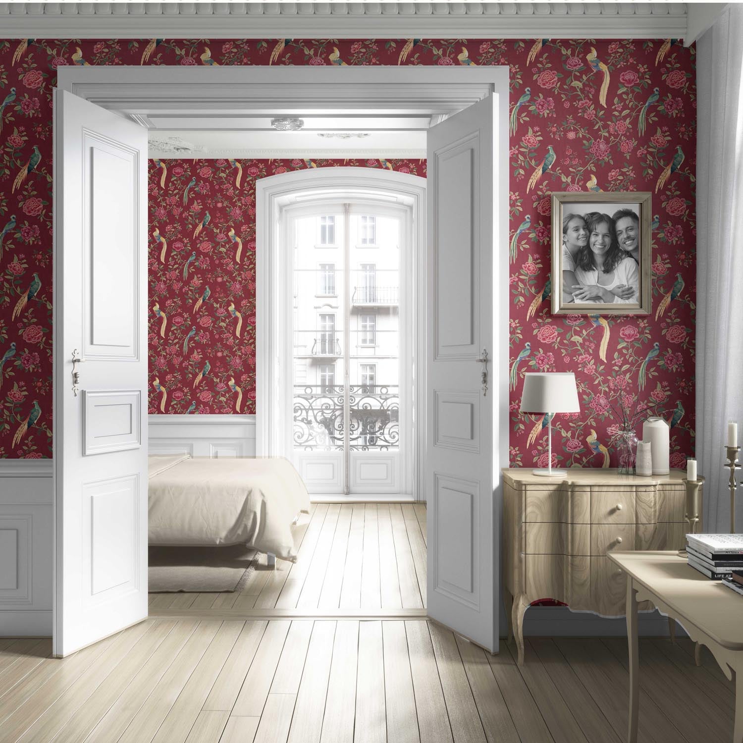 Floral Chinoiserie/ Nature Bird Print Living Room Wallpaper Sample (Red/ Pink/ Green/ Yellow)