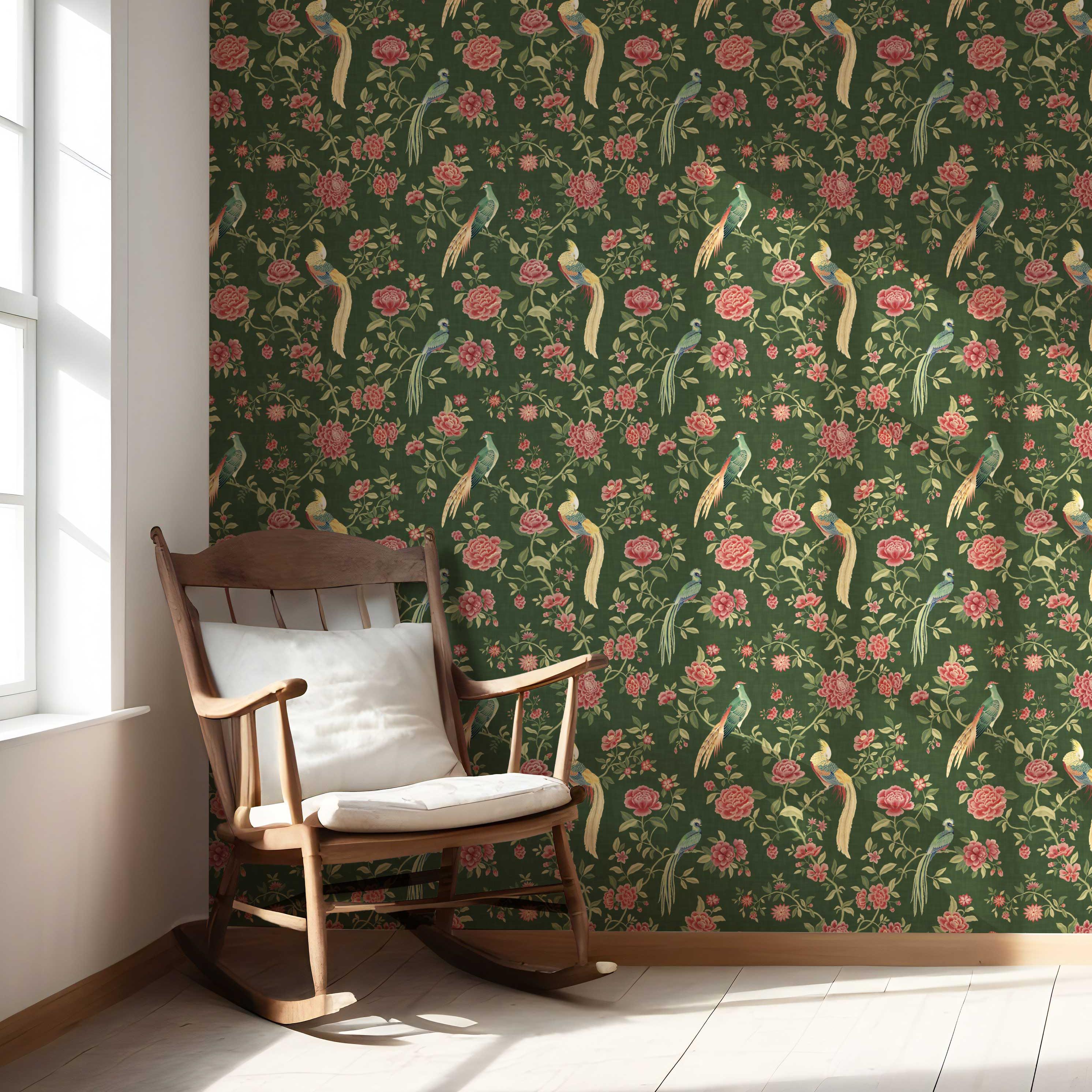 Floral Chinoiserie/ Nature Bird Print Nursery Wallpaper (Green/ Pink/ Yellow)
