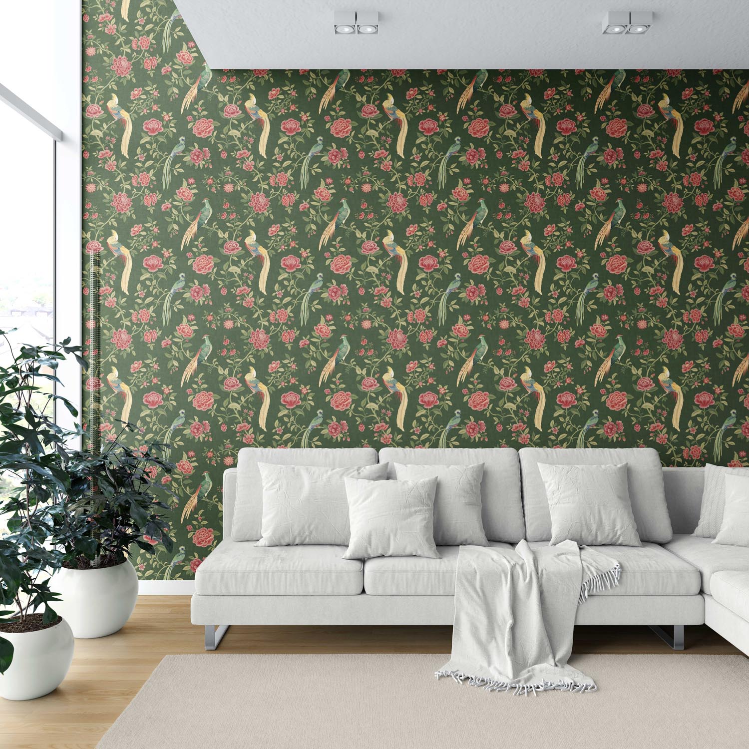 Floral Chinoiserie/ Nature Bird Print Shower Toilet Wallpaper Sample (Green/ Pink/ Yellow)