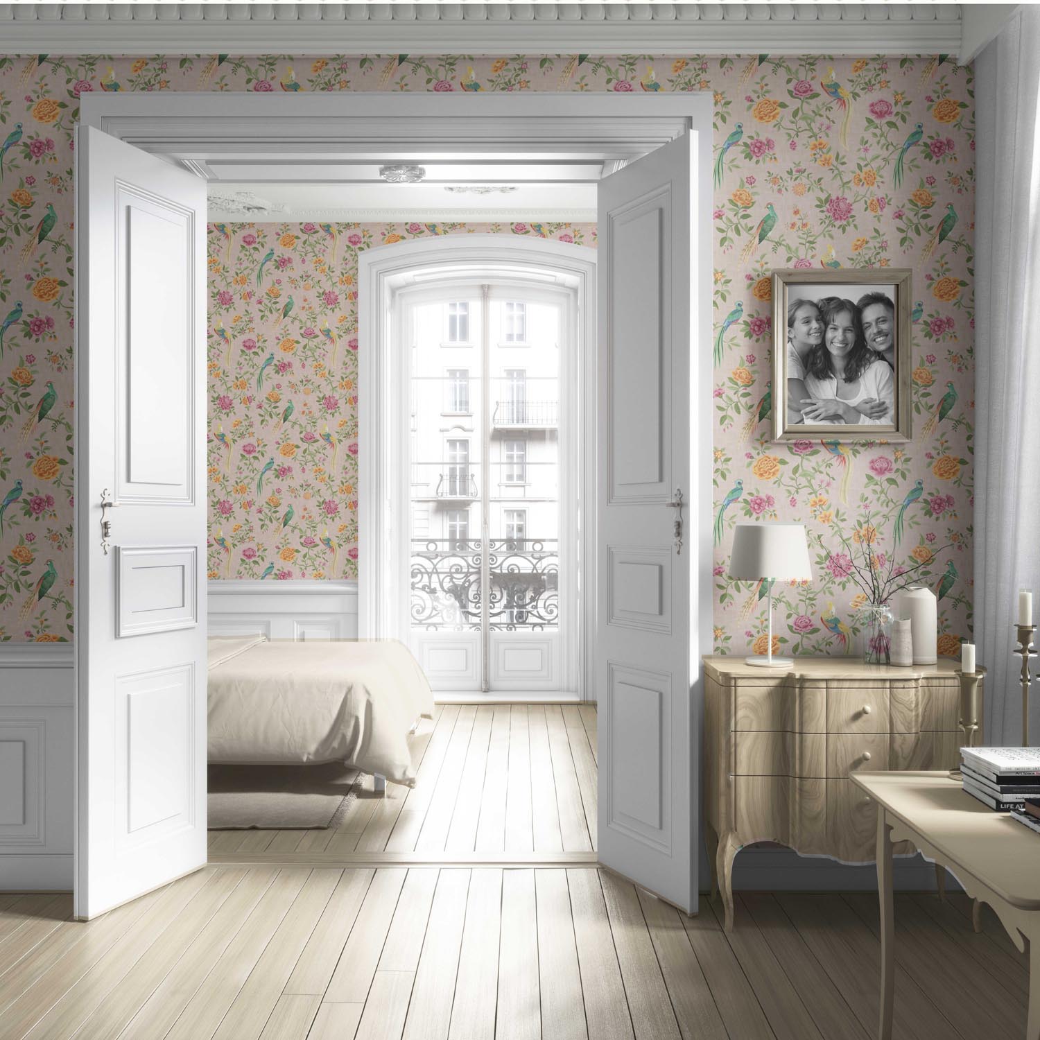 Floral Chinoiserie/ Nature Bird Print Living Room Wallpaper Sample (Pale Pink/ Green/ Blue/ Orange/ Yellow)