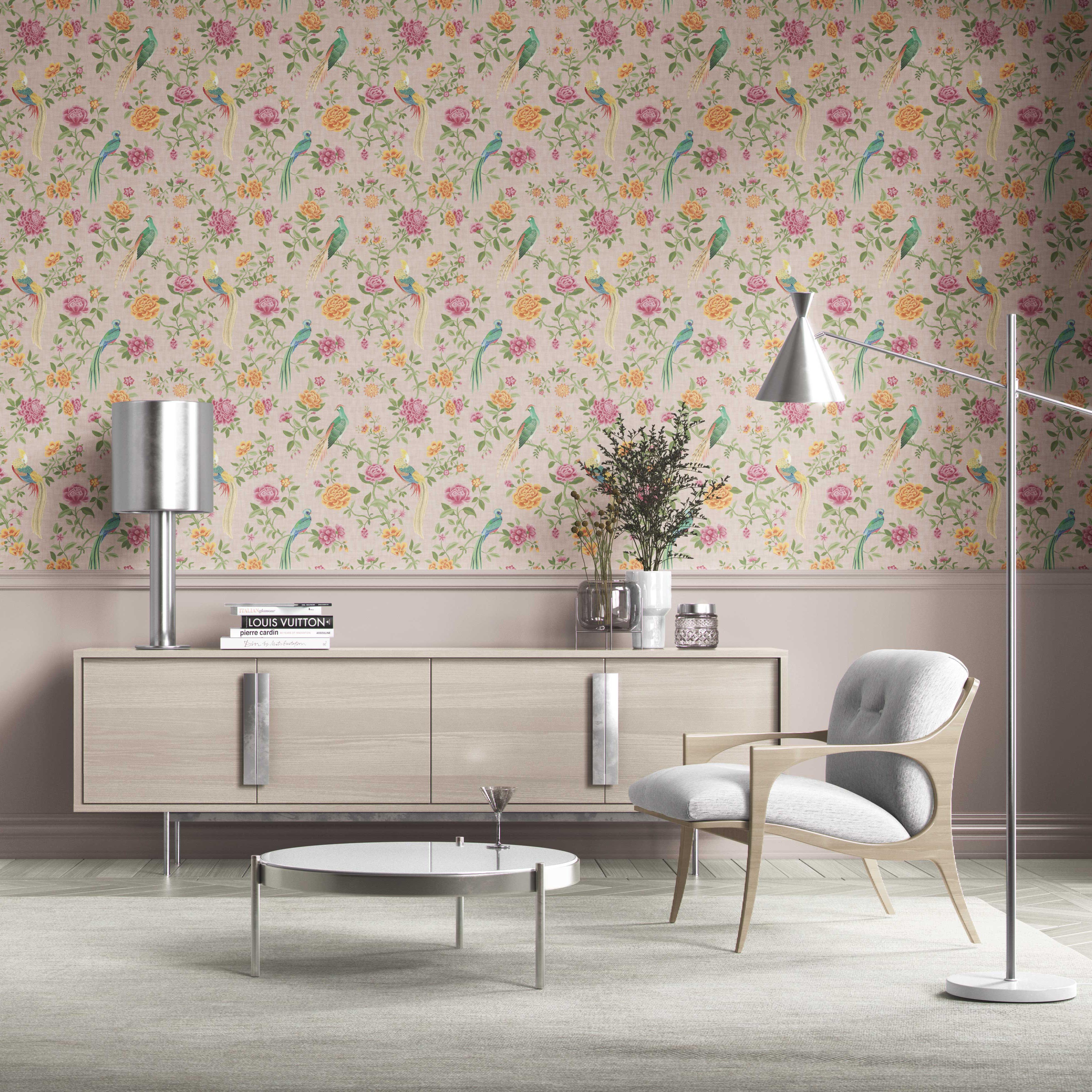 Floral Chinoiserie/ Nature Bird Print Kitchen Wallpaper Sample (Pale Pink/ Green/ Blue/ Orange/ Yellow)