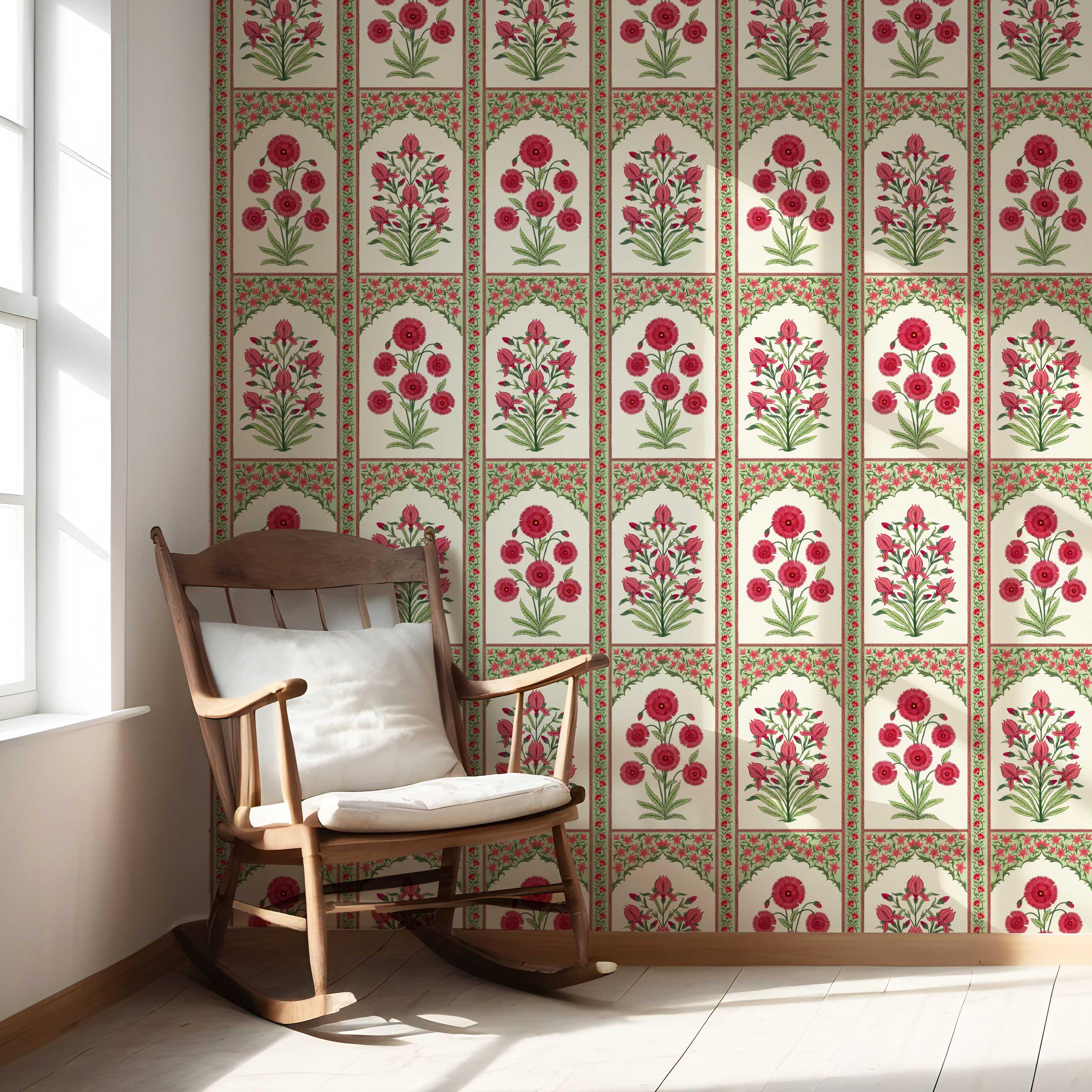 Vintage Ethnic Floral Block Print Nursery Wallpaper Sample (Red/ Pink/ Green)