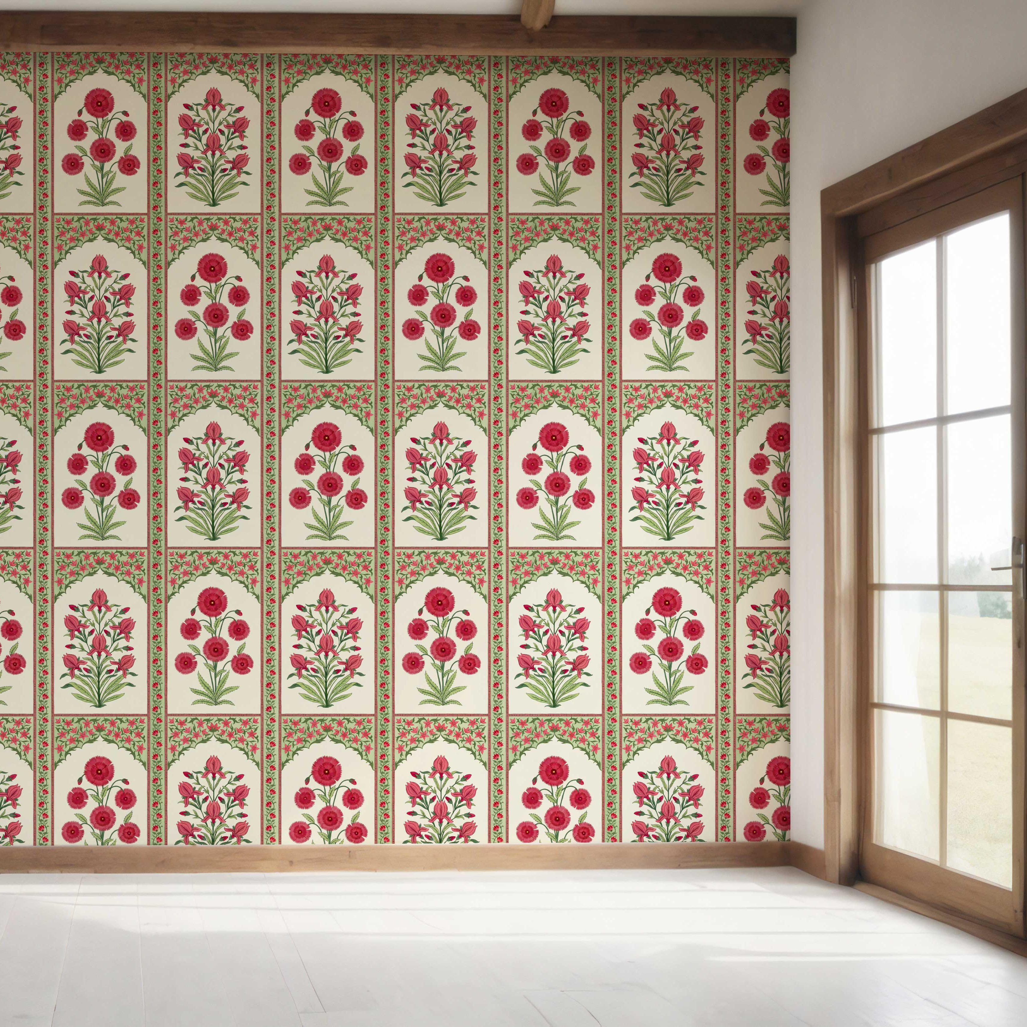 Vintage Ethnic Floral Block Print Bedroom Wallpaper (Red/ Pink/ Green)