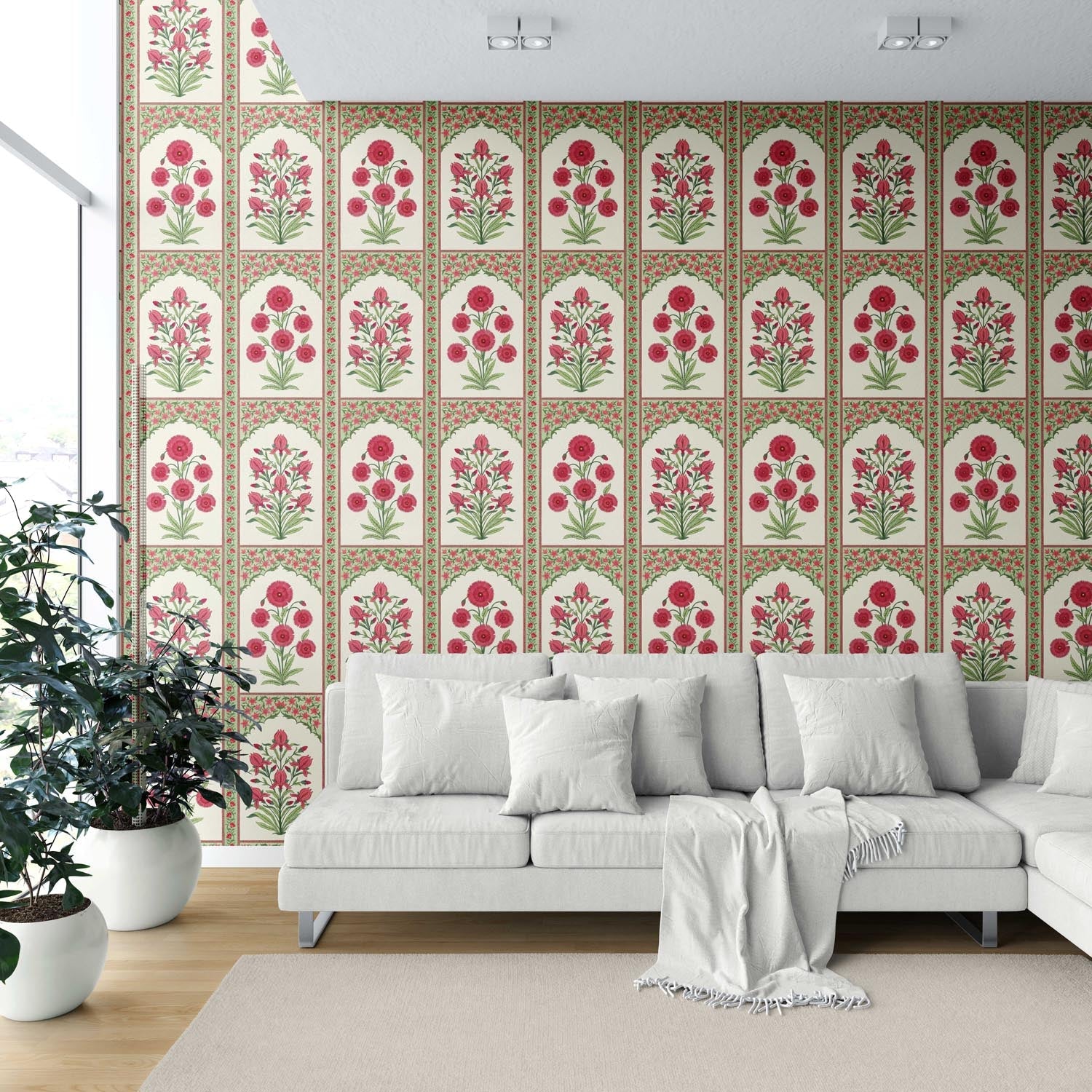 Vintage Ethnic Floral Block Print Shower Toilet Wallpaper Sample (Red/ Pink/ Green)