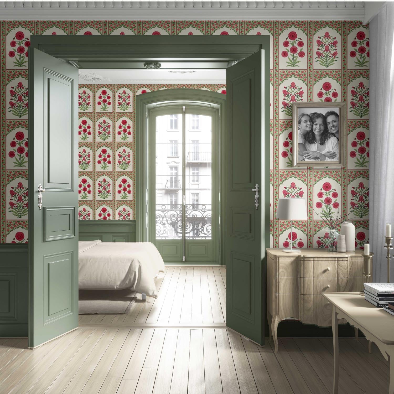 Vintage Ethnic Floral Block Print Living Room Wallpaper Sample (Red/ Pink/ Green)