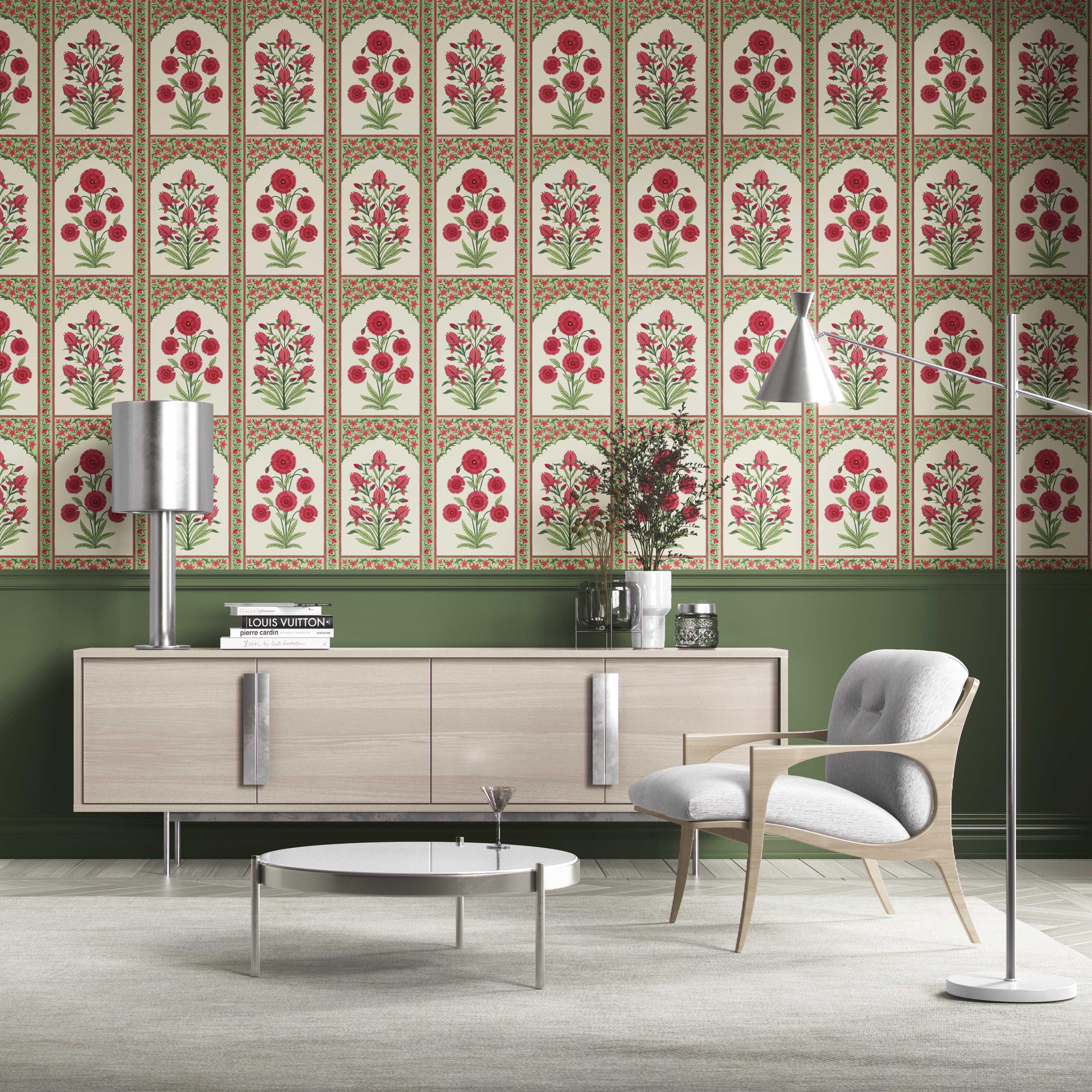 Vintage Ethnic Floral Block Print Traditional Wallpaper Sample (Red/ Pink/ Green)