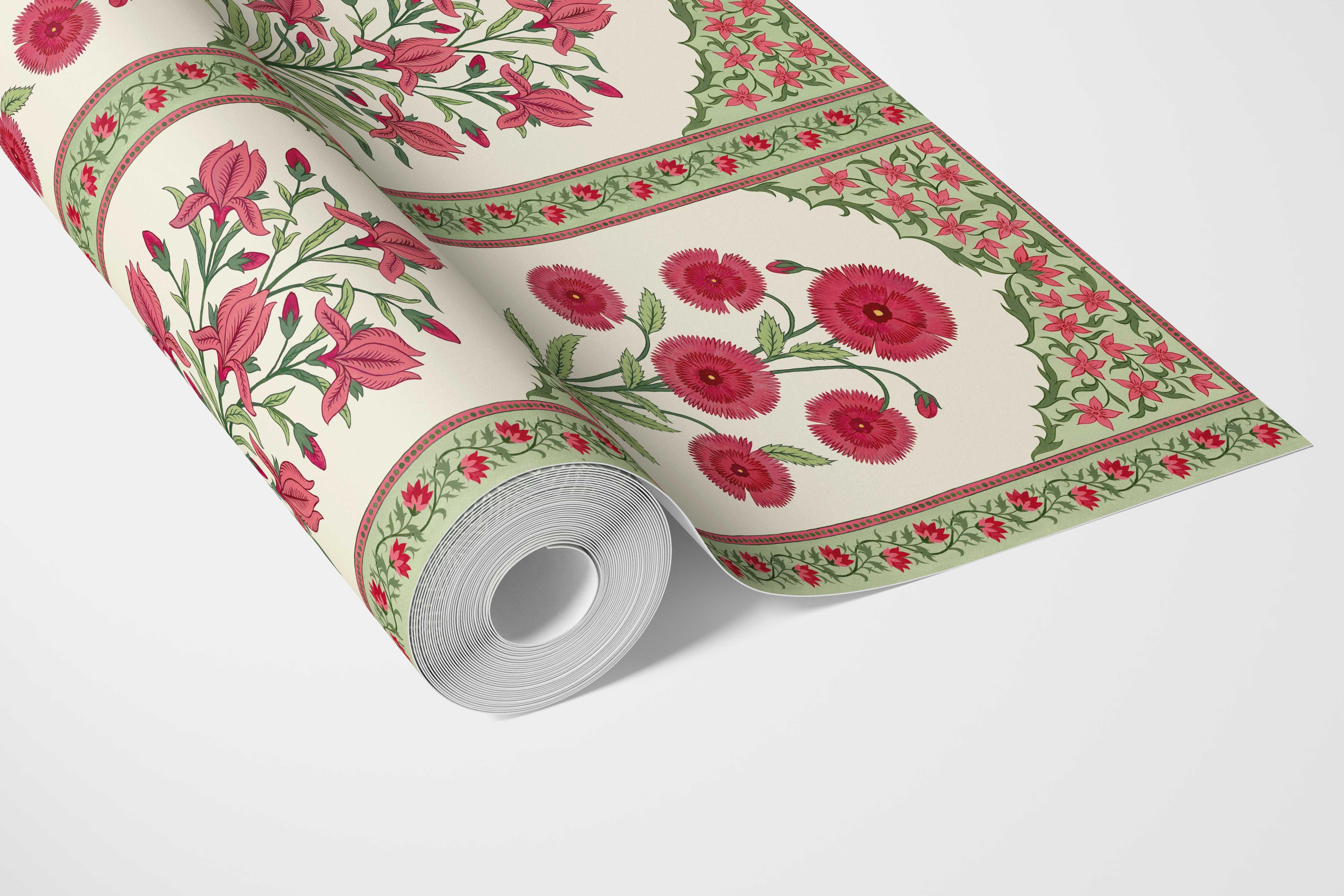 Vintage Ethnic Floral Block Print Bathroom Wallpaper Sample (Red/ Pink/ Green)