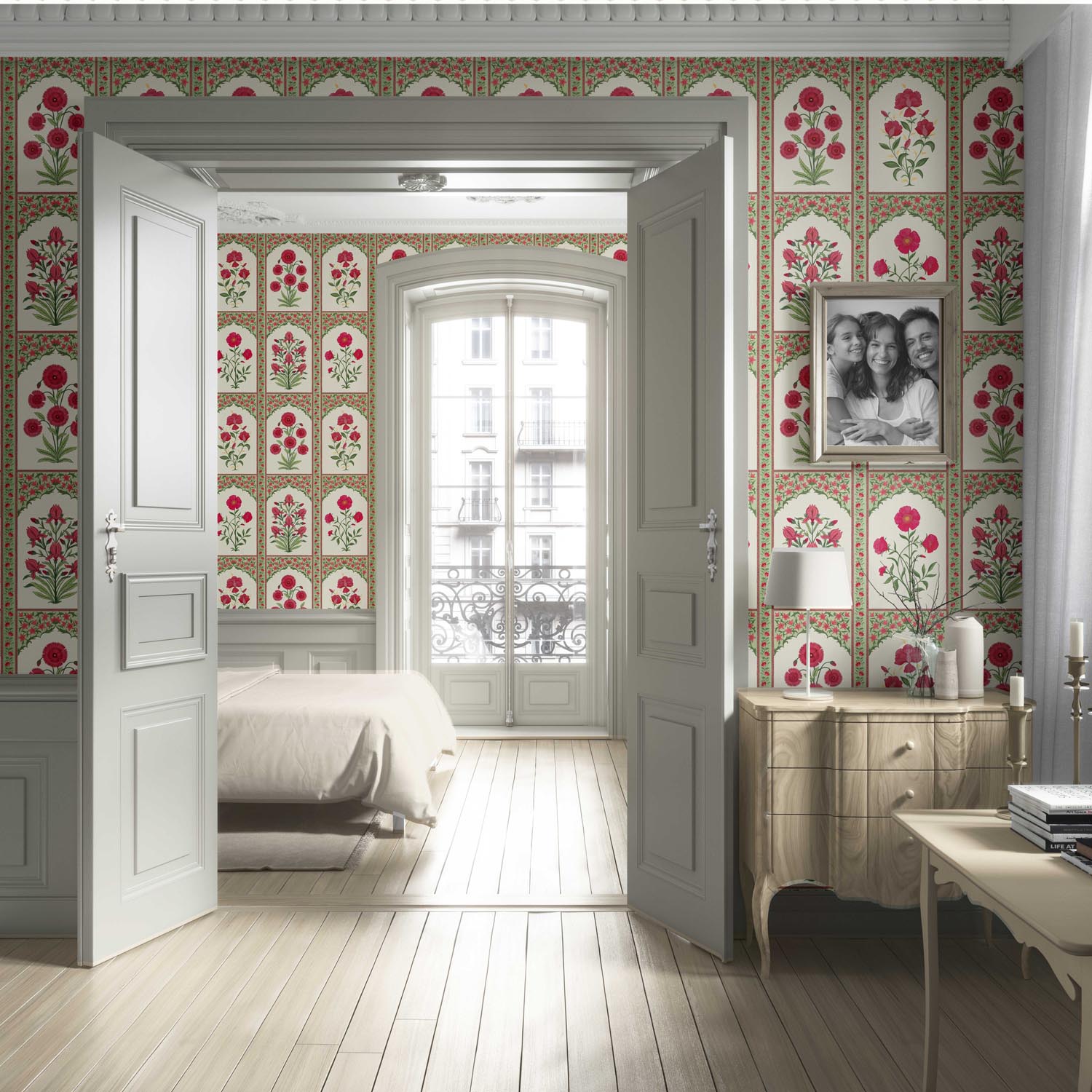 Vintage Ethnic Floral Block Print Living Room Wallpaper Sample (Red/ Pink/ Green)