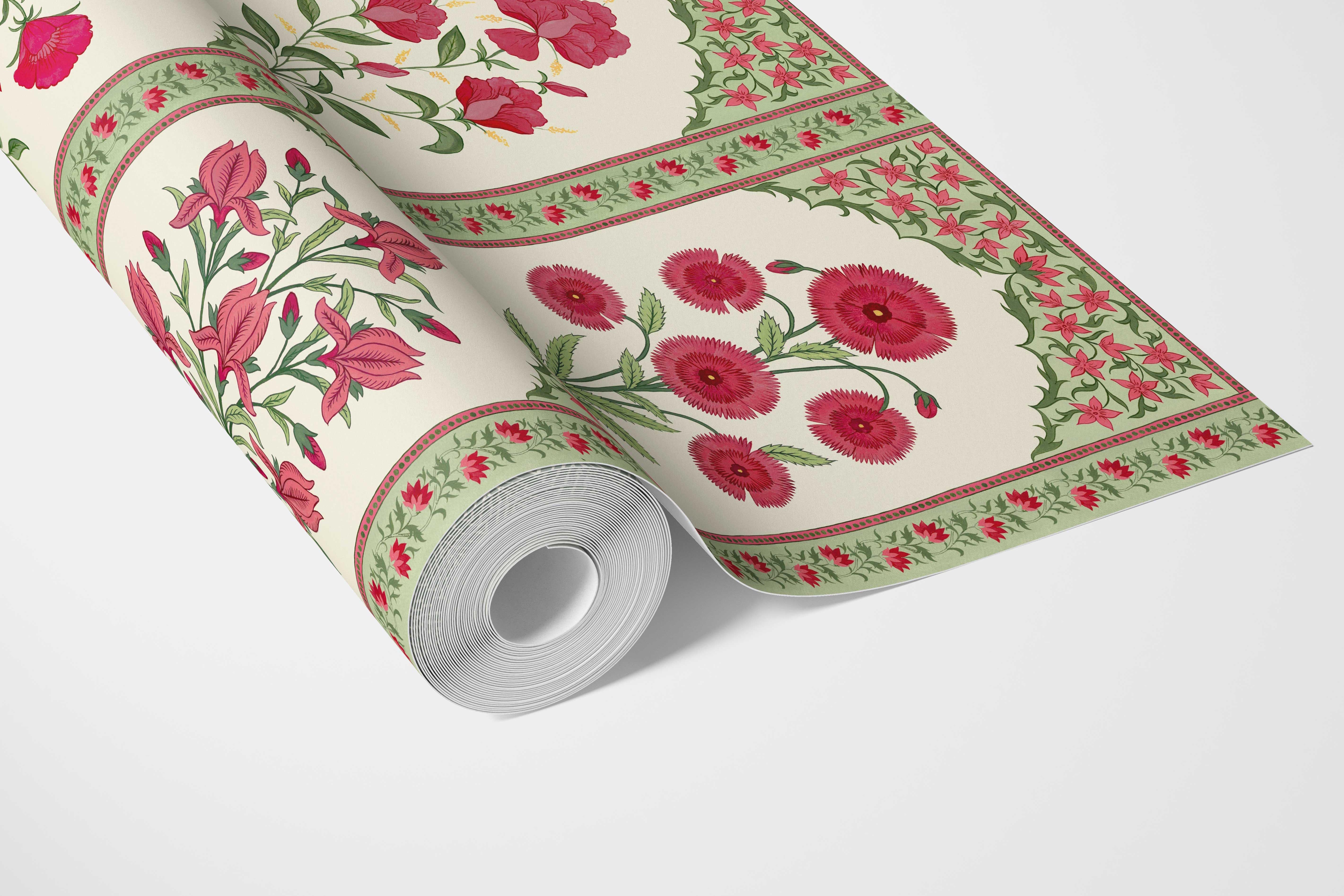 Vintage Ethnic Floral Block Print Bathroom Wallpaper Sample (Red/ Pink/ Green)