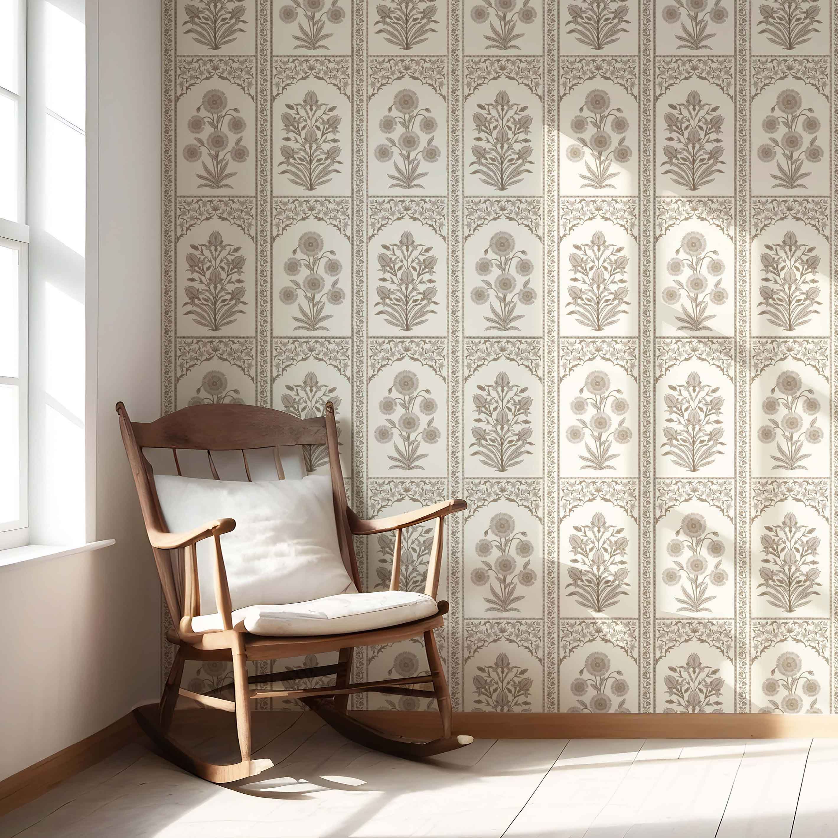 Neutral Vintage Ethnic Floral Block Print Nursery Wallpaper (Beige/ Taupe/ Cream)