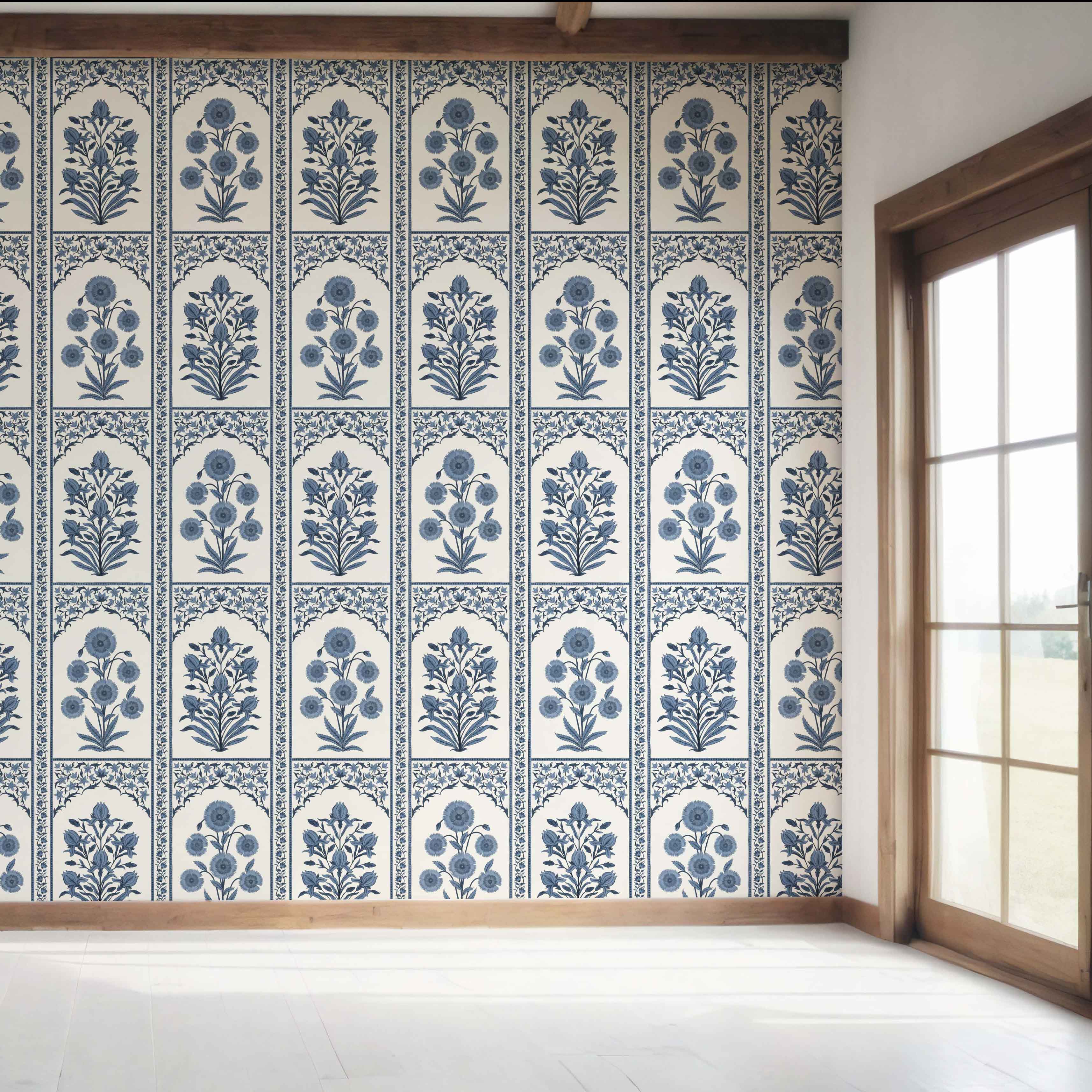 Vintage Ethnic Floral Block Print Bedroom Wallpaper Sample (Navy Blue/ Cream)