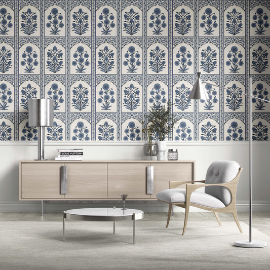 Vintage Ethnic Floral Block Print Traditional Wallpaper (Navy Blue/ Cream)